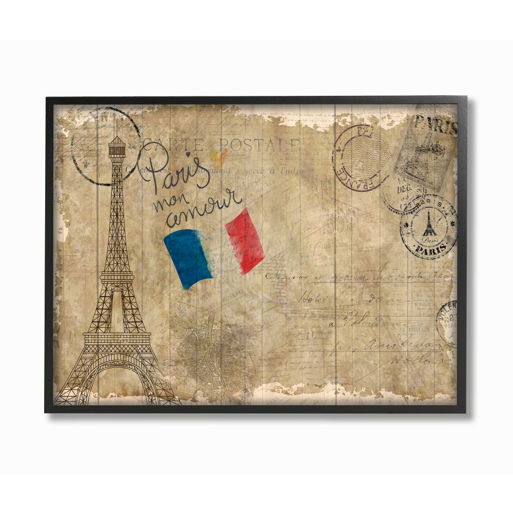 Stupell Industries Vintage Paris Eiffel Tower Collage Word Design Framed Giclee Texturized Art by Kimberly Allen