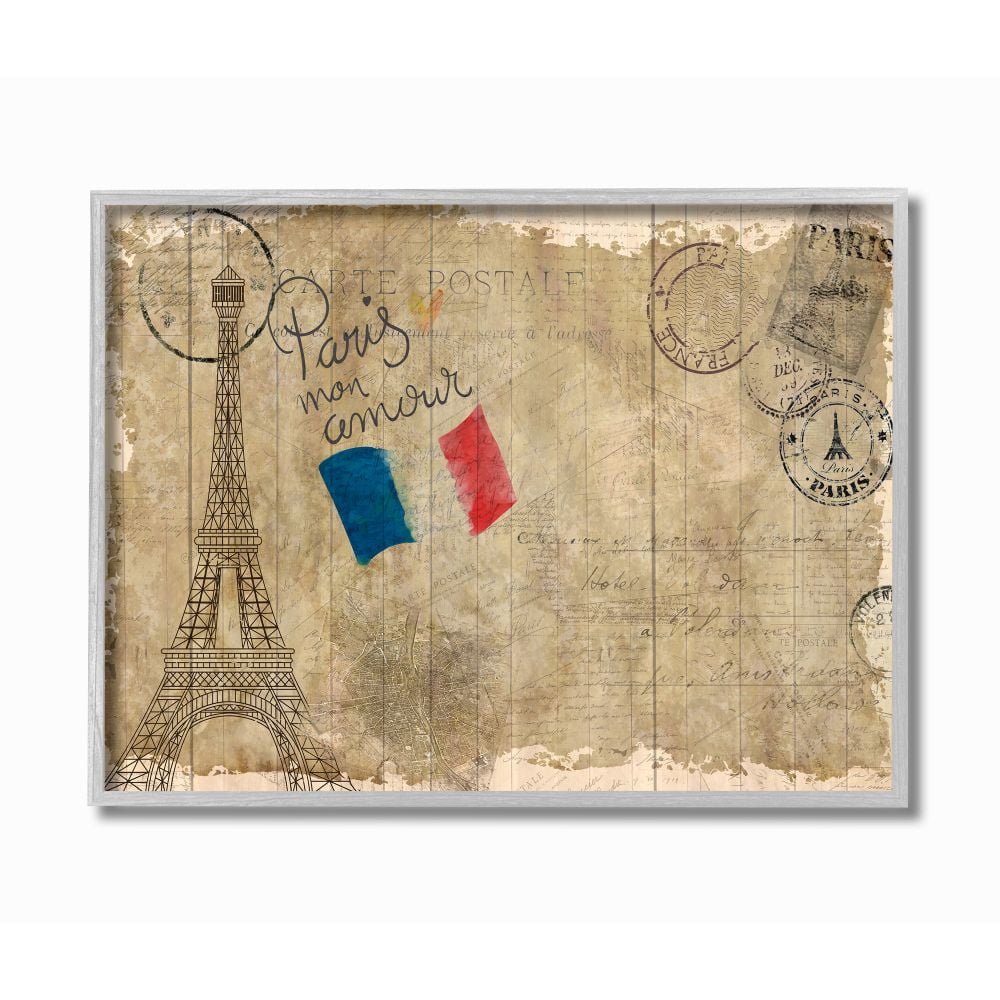 Stupell Industries Vintage Paris Eiffel Tower Collage Word Design Gray Farmhouse Rustic Framed Giclee Texturized Art by Kimberly Allen