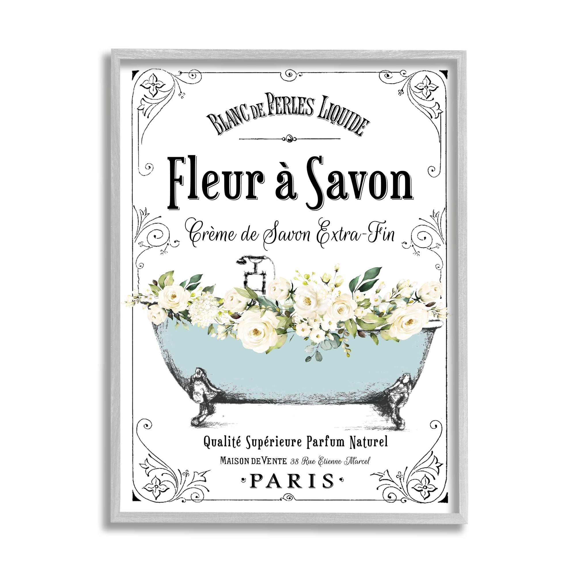 Vintage Parisian Floral Blue Tub Canvas Print with Gray Frame