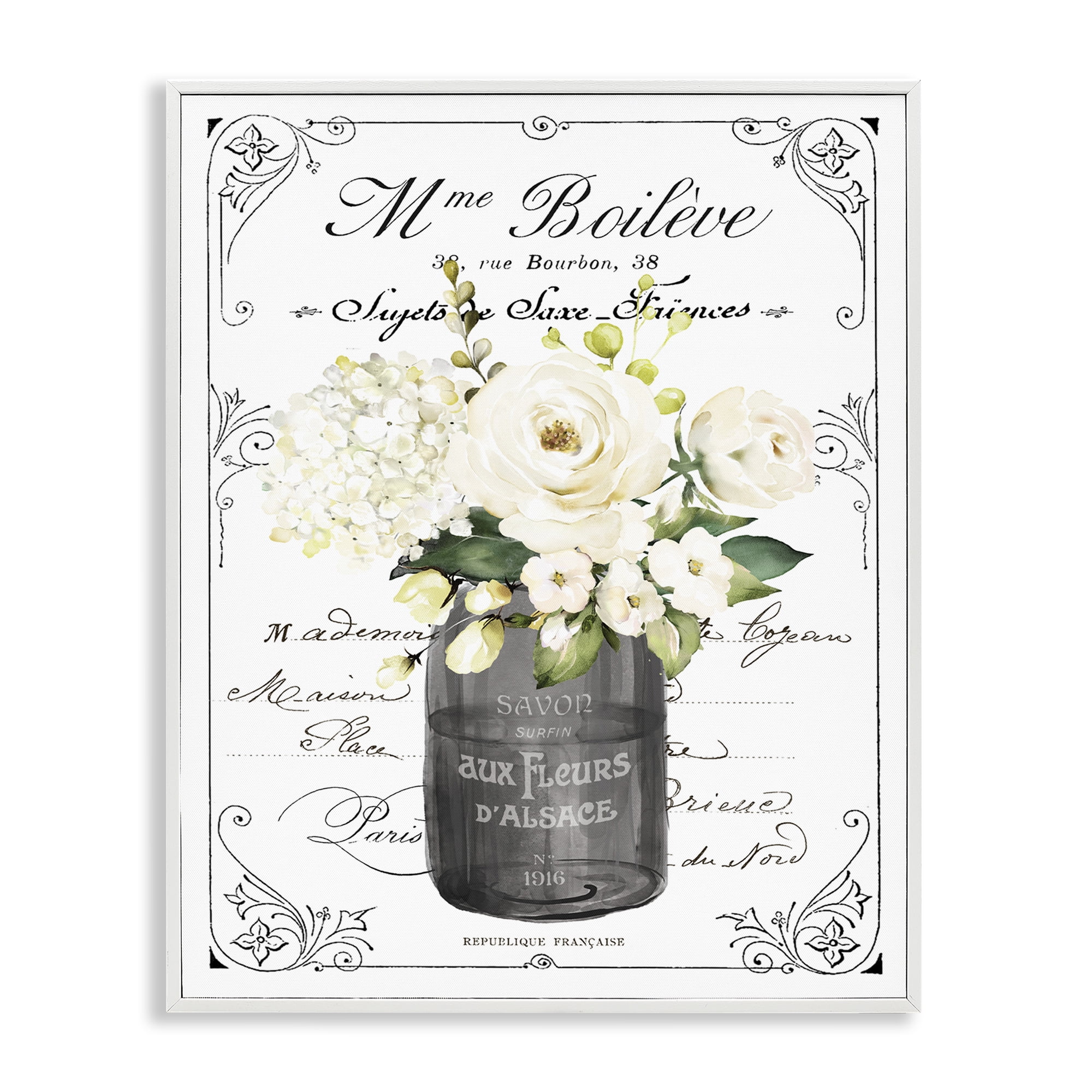 Vintage Parisian Bathroom Floral Bouquet White Flowers White Framed Giclee Art, 16 x 20