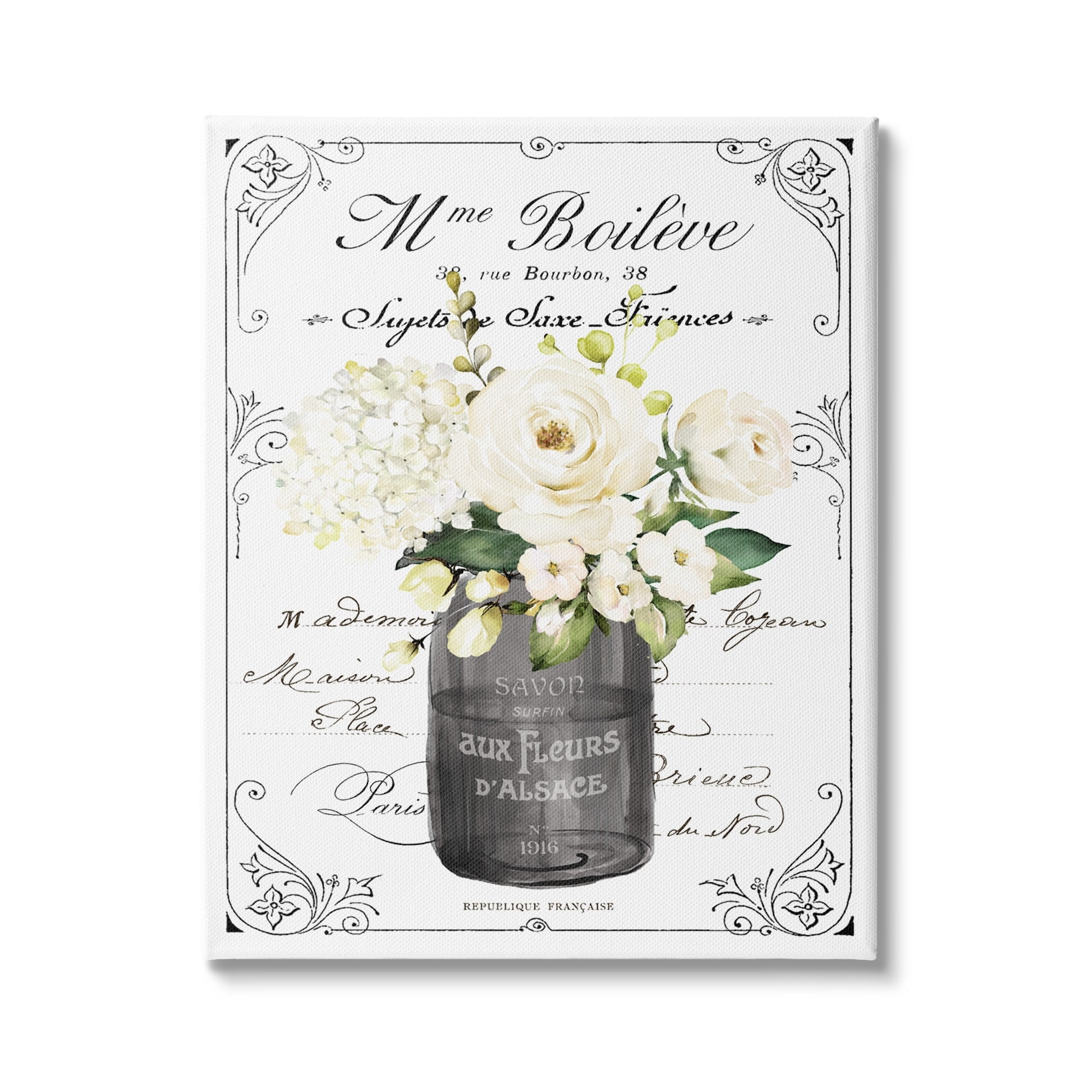 Vintage Parisian Floral Bouquet White Canvas Wall Art
