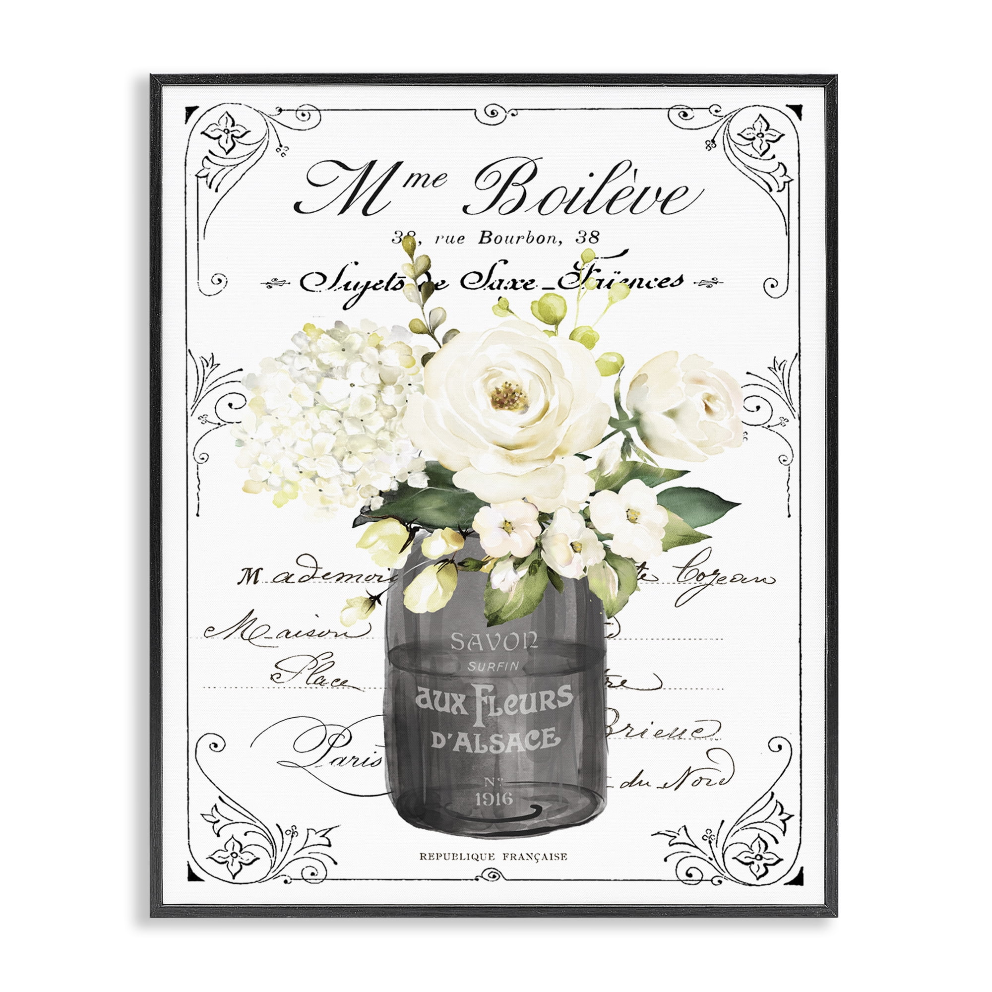 Vintage Parisian Bathroom Floral Bouquet White Flowers Black Framed Giclee Art, 16 x 20