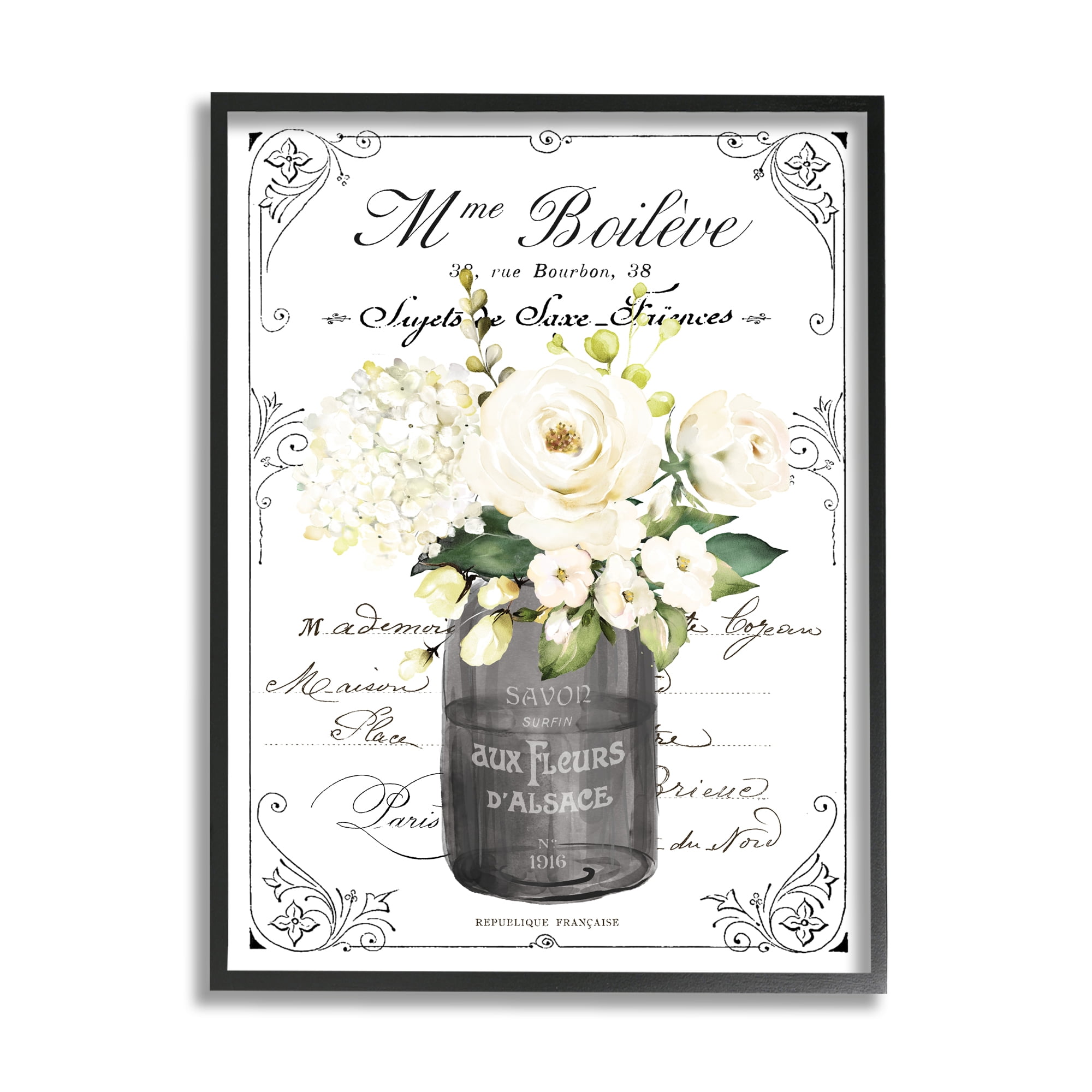 Vintage Parisian Floral Bouquet Print on Canvas with Black Frame