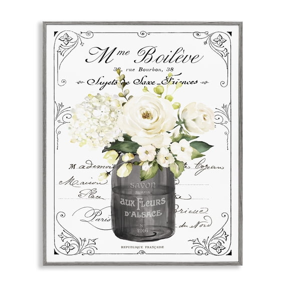 Vintage Parisian Bathroom Floral Bouquet White Flowers Gray Framed Giclee Art, 24 x 30, Made Domestically
