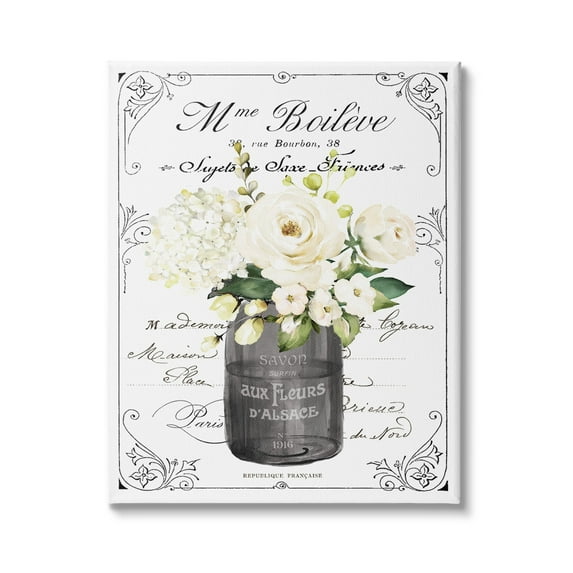 Vintage Parisian Bathroom Floral Bouquet White Flowers Canvas Art, 36 x 48, Made In USA