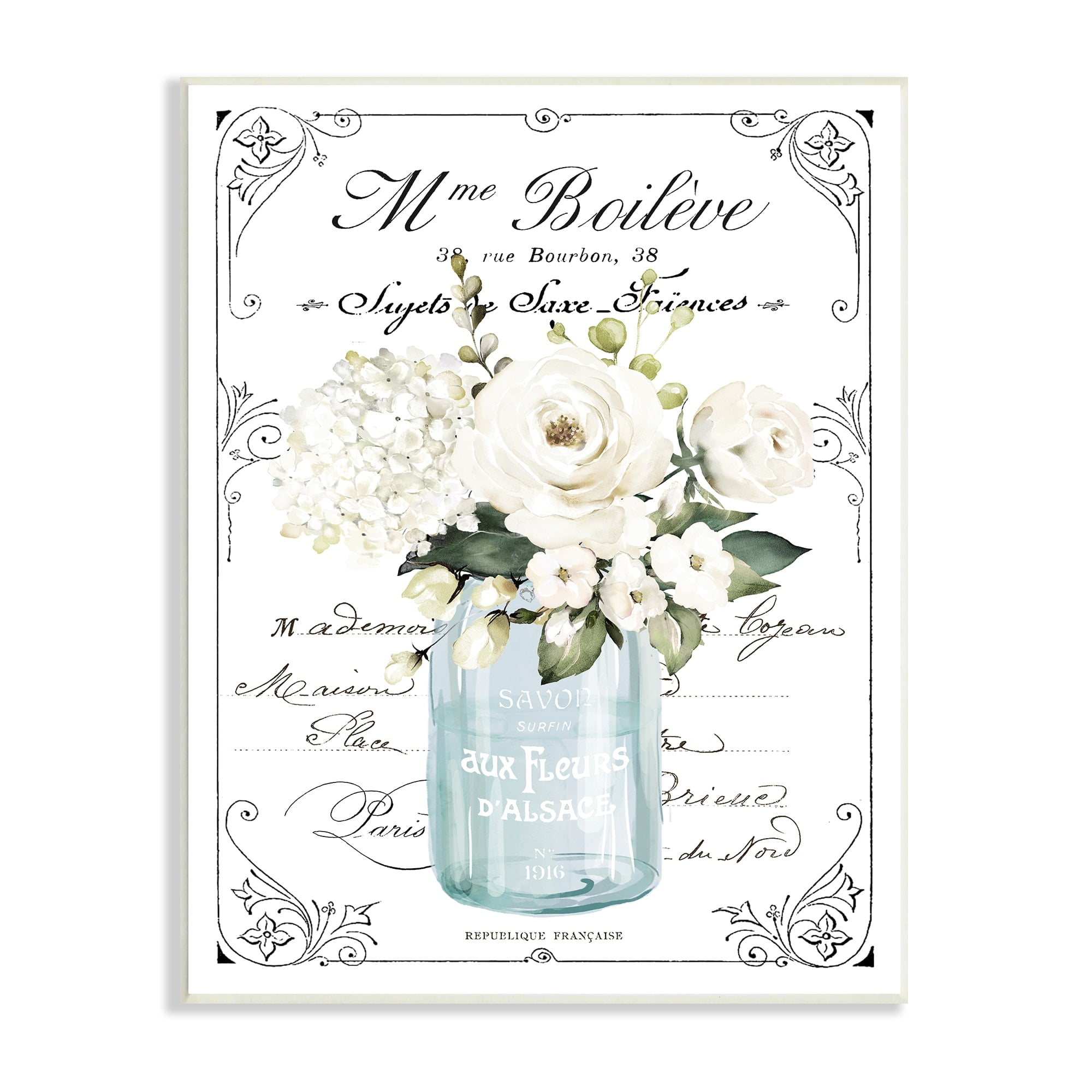 Stupell Industries Vintage Parisian Floral Bouquet White Farmhouse Flowers, 10 x 15,Design by Lettered and Lined