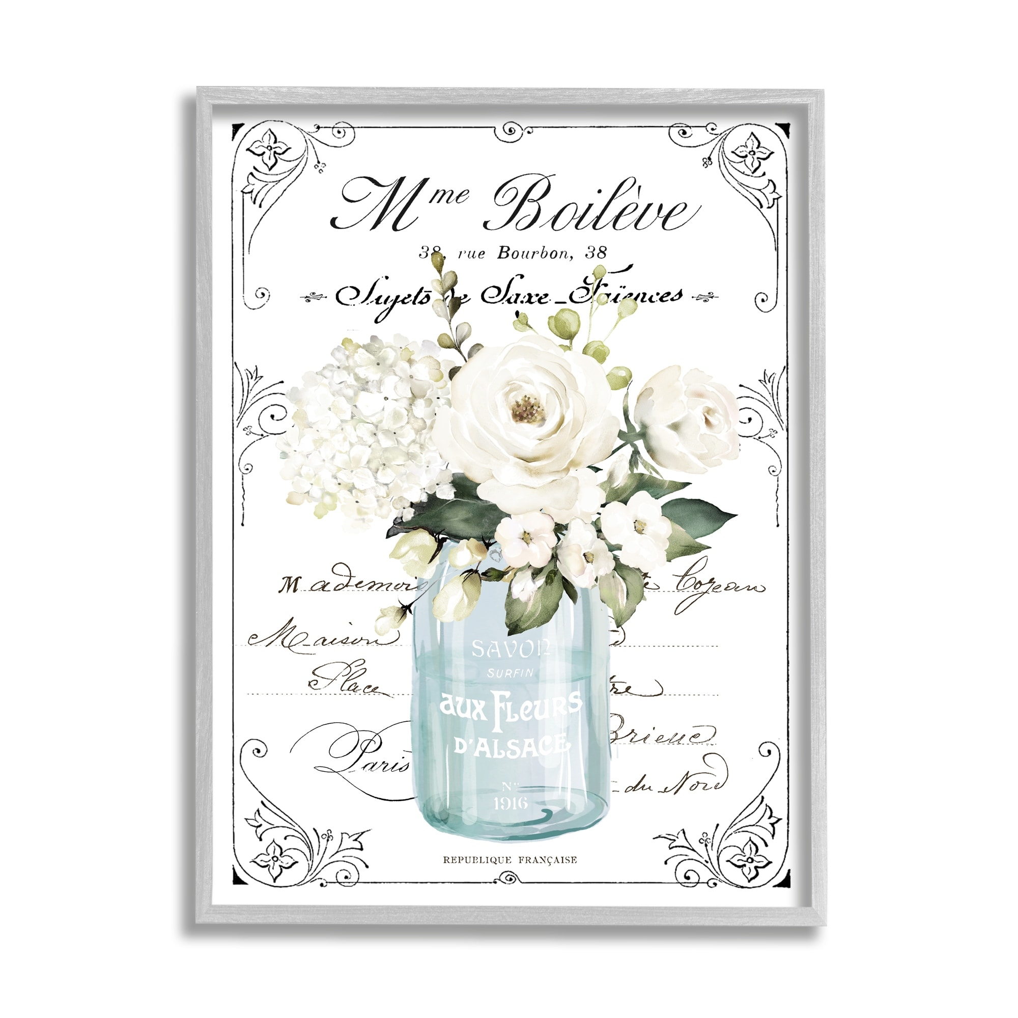 Stupell Industries Vintage Parisian Floral Bouquet White Farmhouse Flowers Graphic Art Gray Framed Art Print Wall Art, 11x14, by Lettered and Lined