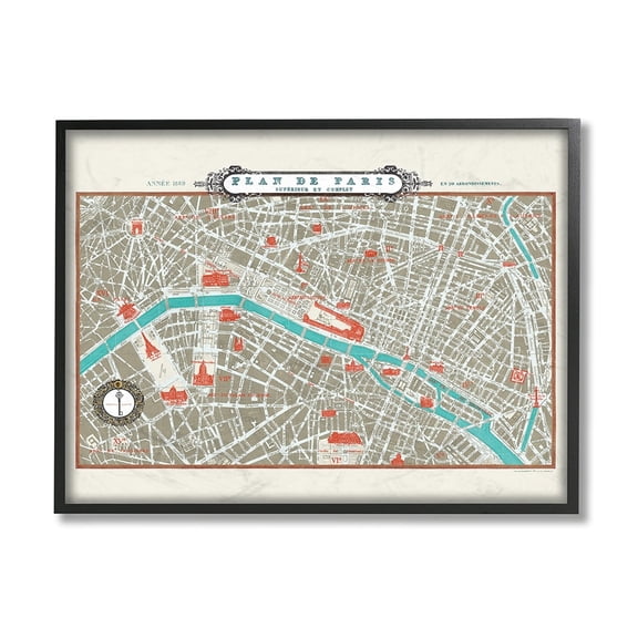 Stupell Industries Vintage Parisian Map Seine River French City Black Framed by Sue Schlabach