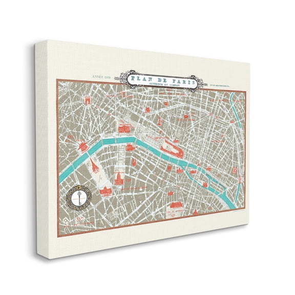 Stupell Industries Vintage Parisian Map Seine River French City Canvas Wall Art by Sue Schlabach