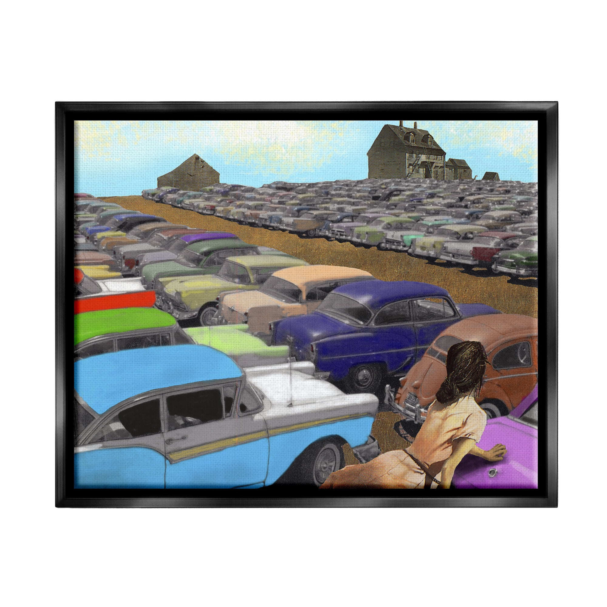Stupell Industries Vintage Parking Lot Transportation Painting Black Floater Framed Canvas Art Print Wall Art, 31 x 25
