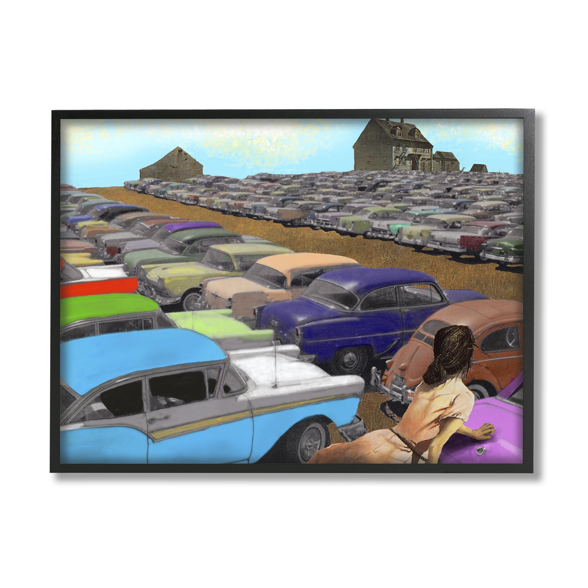 Stupell Industries Vintage Parking Lot Transportation Painting Black Framed Art Print Wall Art, 20 x 16