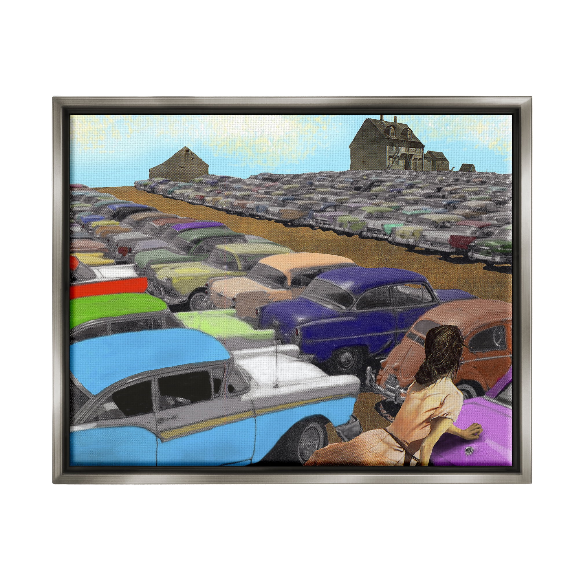 Stupell Industries Vintage Parking Lot Transportation Painting Gray Floater Framed Canvas Art Print Wall Art, 21 x 17