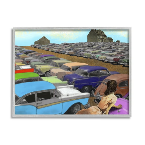 Stupell Industries Vintage Parking Lot Transportation Painting Gray Framed Art Print Wall Art, 14 x 11