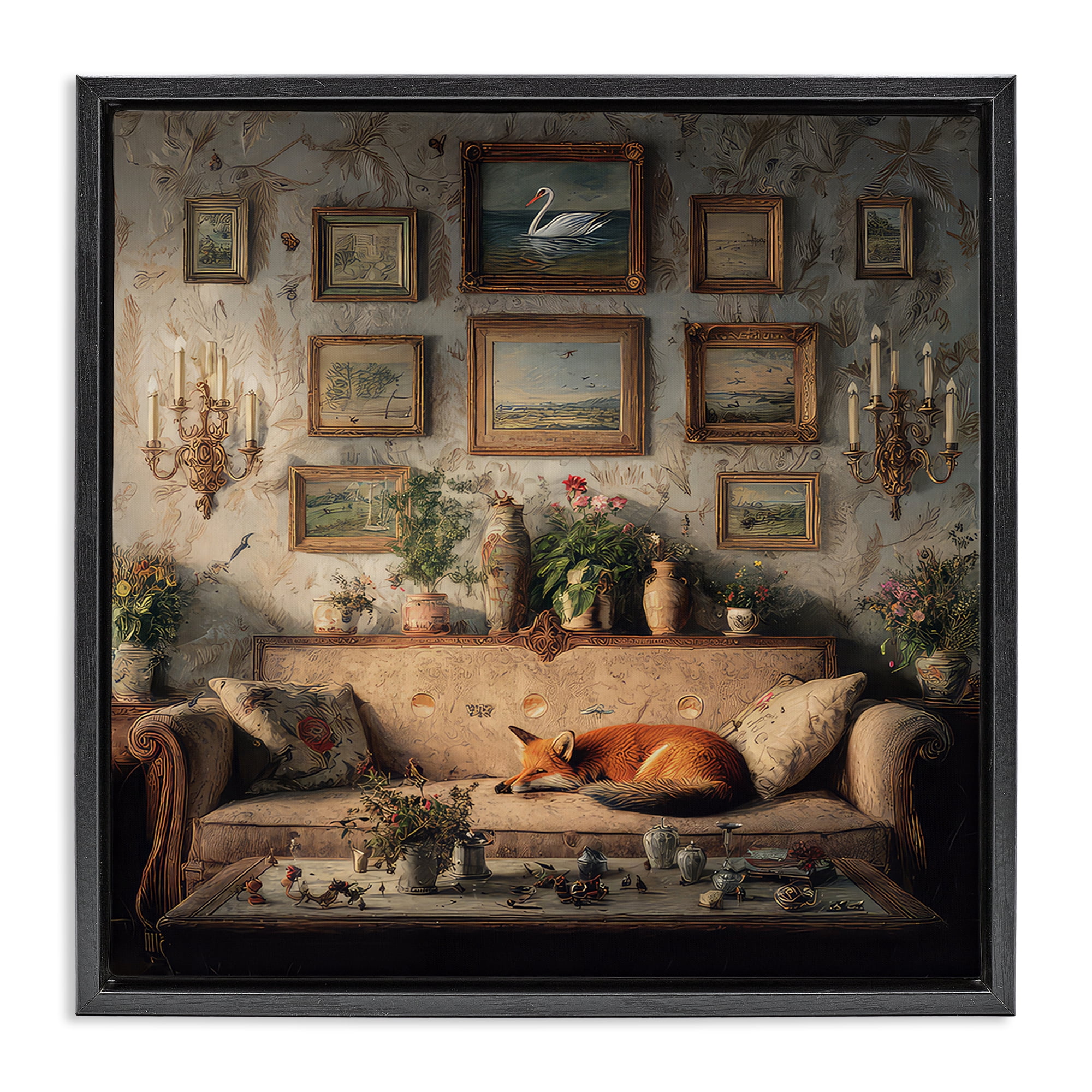 Stupell Industries Vintage Parlor with Fox Black Framed Floater Canvas Wall Art, design by The Wands Want