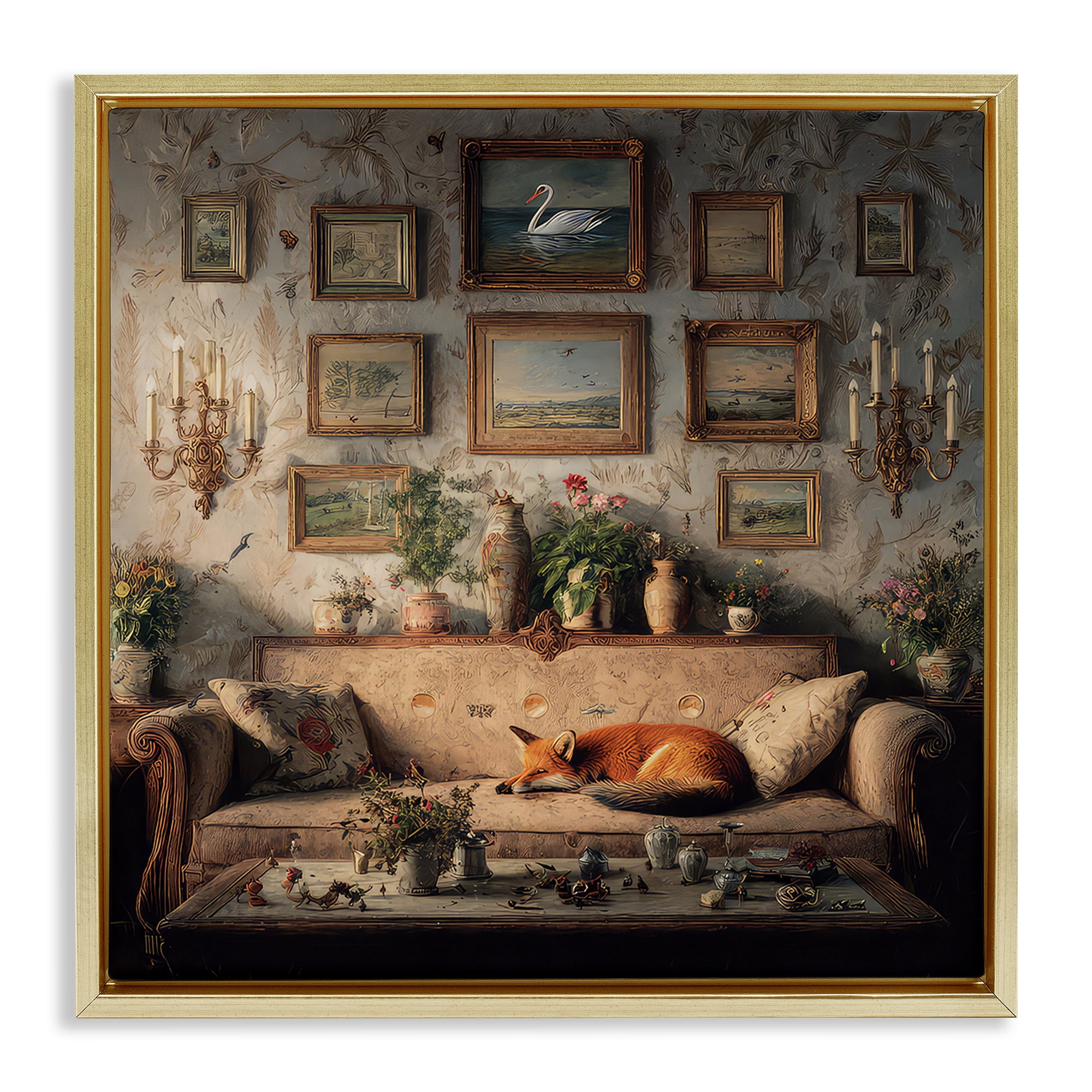 Stupell Industries Vintage Parlor with Fox Gold Framed Floater Canvas Wall Art, design by The Wands Want