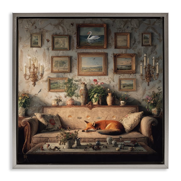 Stupell Industries Vintage Parlor with Fox Gray Framed Floater Canvas Wall Art, design by The Wands Want