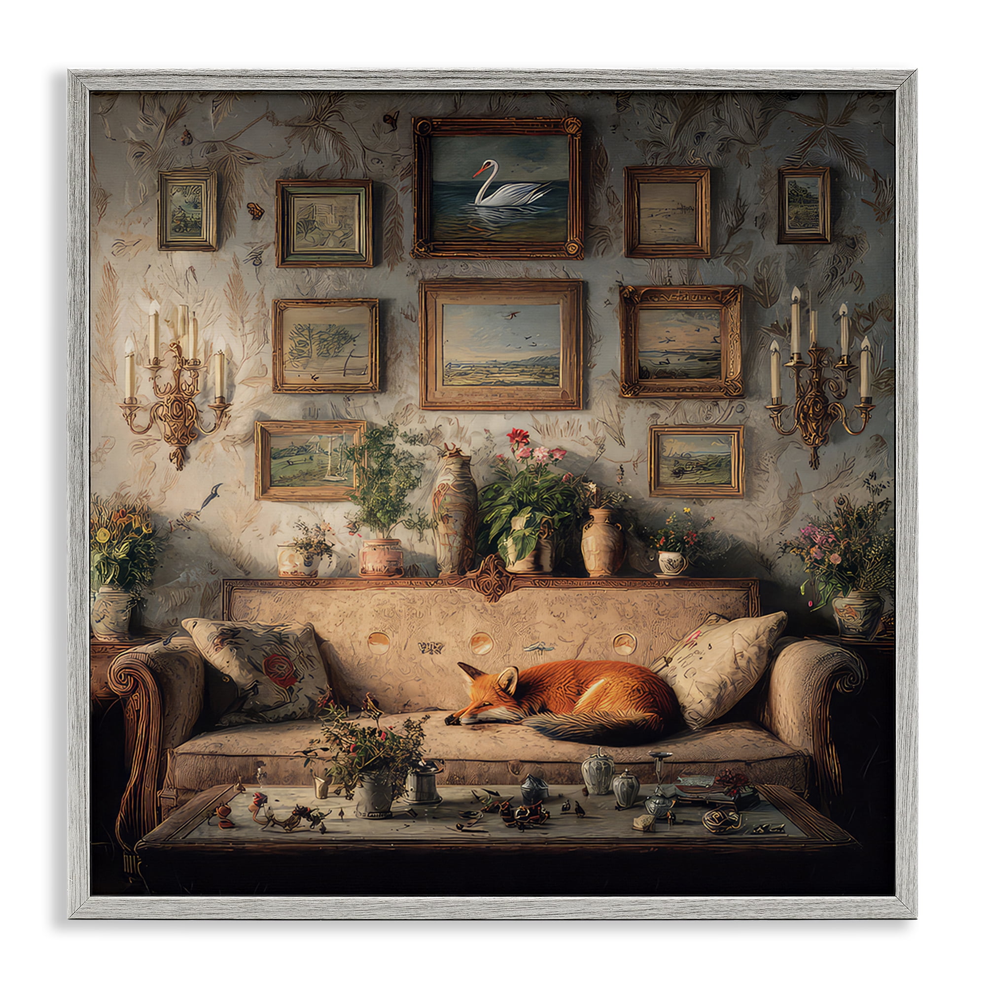 Stupell Industries Vintage Parlor with Fox Gray Framed Giclee Art, design by The Wands Want