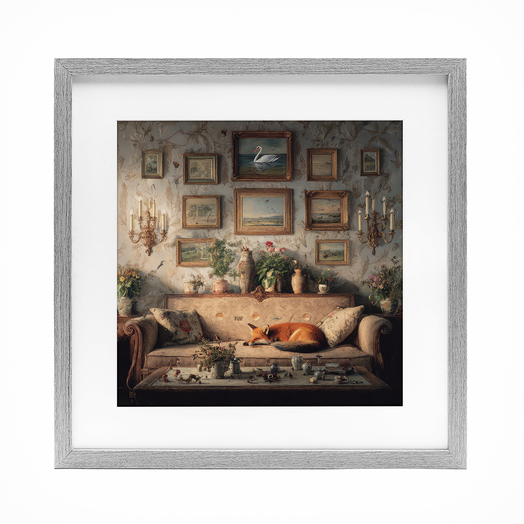 Stupell Industries Vintage Parlor with Fox Gray Framed Print Under Glass, design by The Wands Want