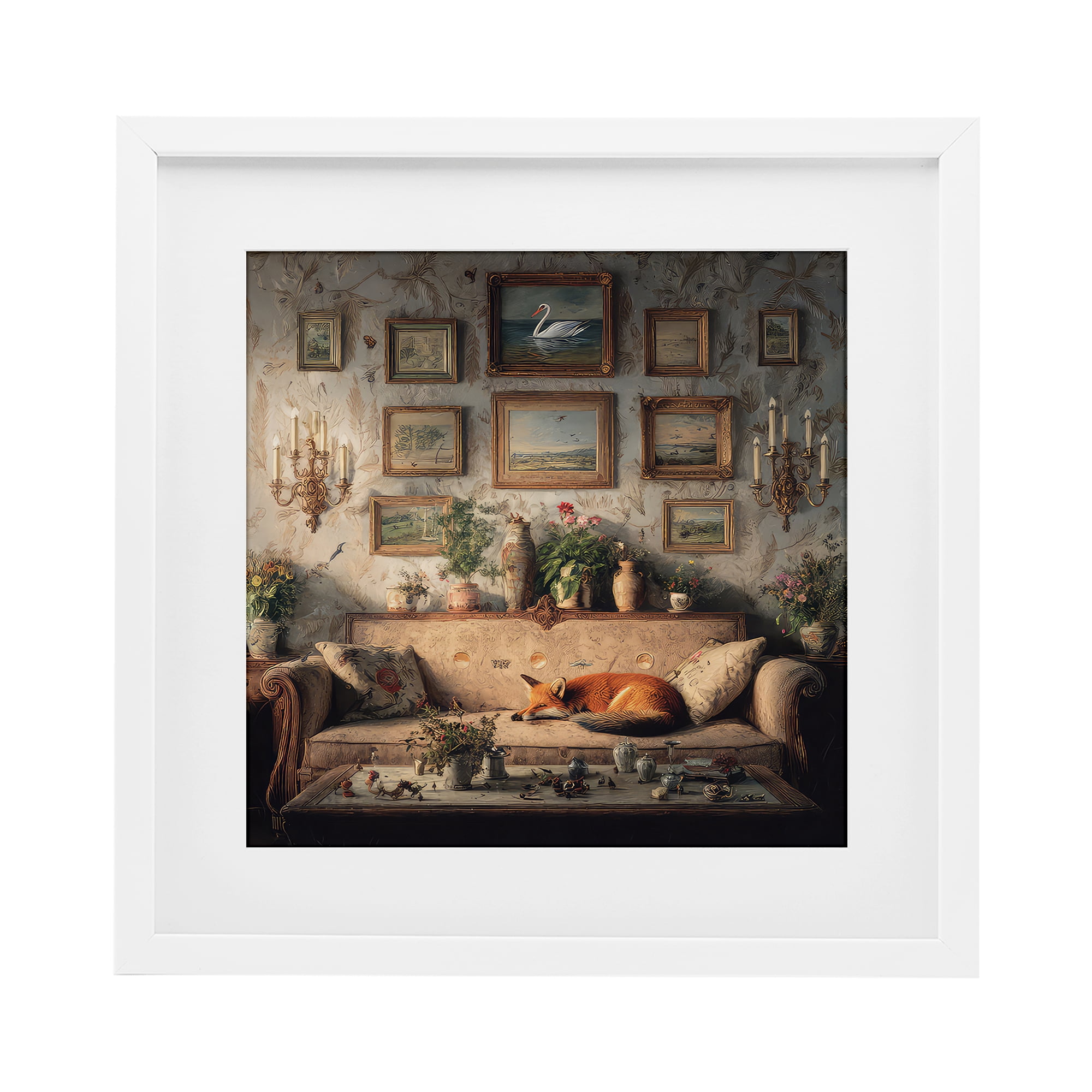 Stupell Industries Vintage Parlor with Fox White Framed Print Under Glass, design by The Wands Want