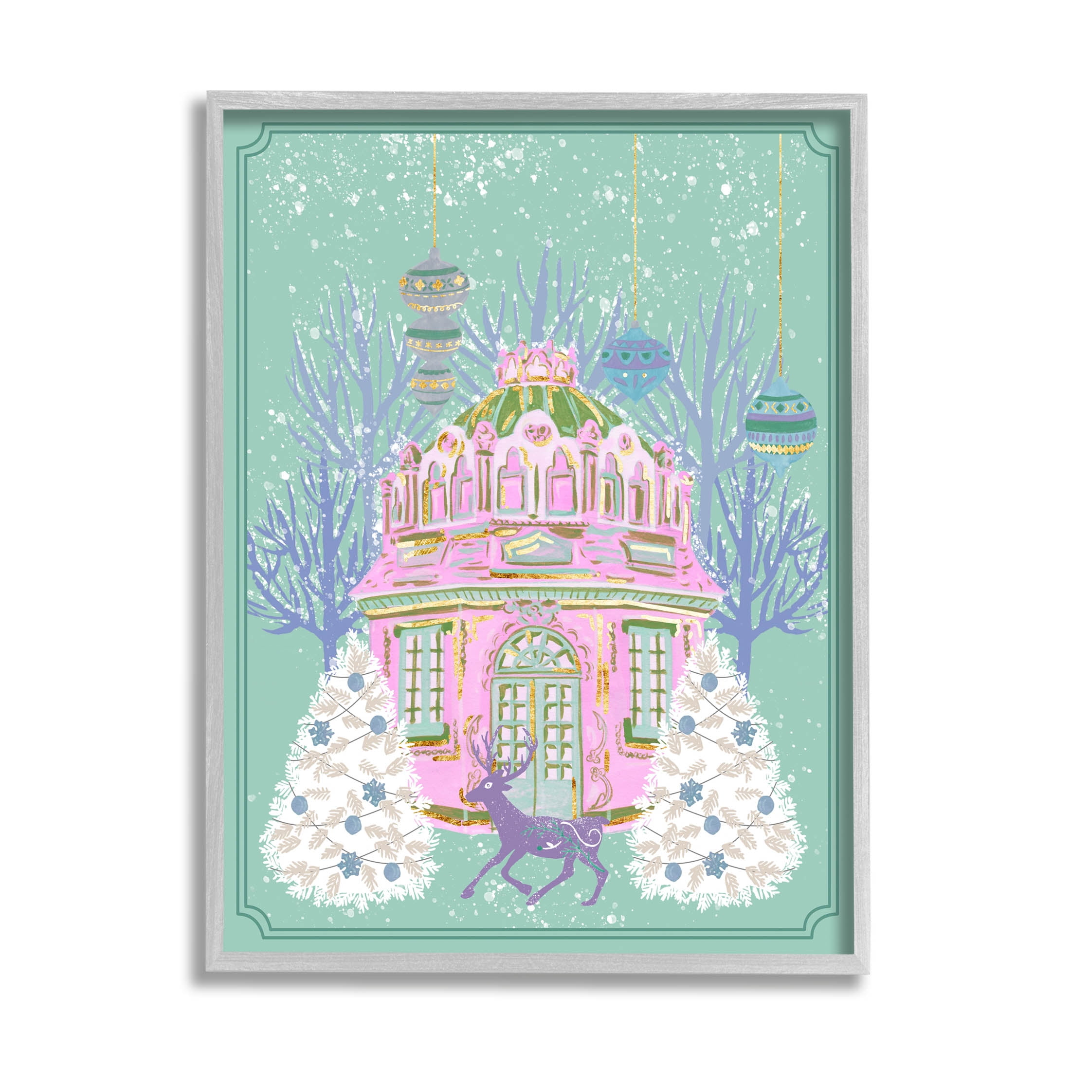 Vintage Pastel Holiday Reindeer Graphic Art Print in Gray Frame