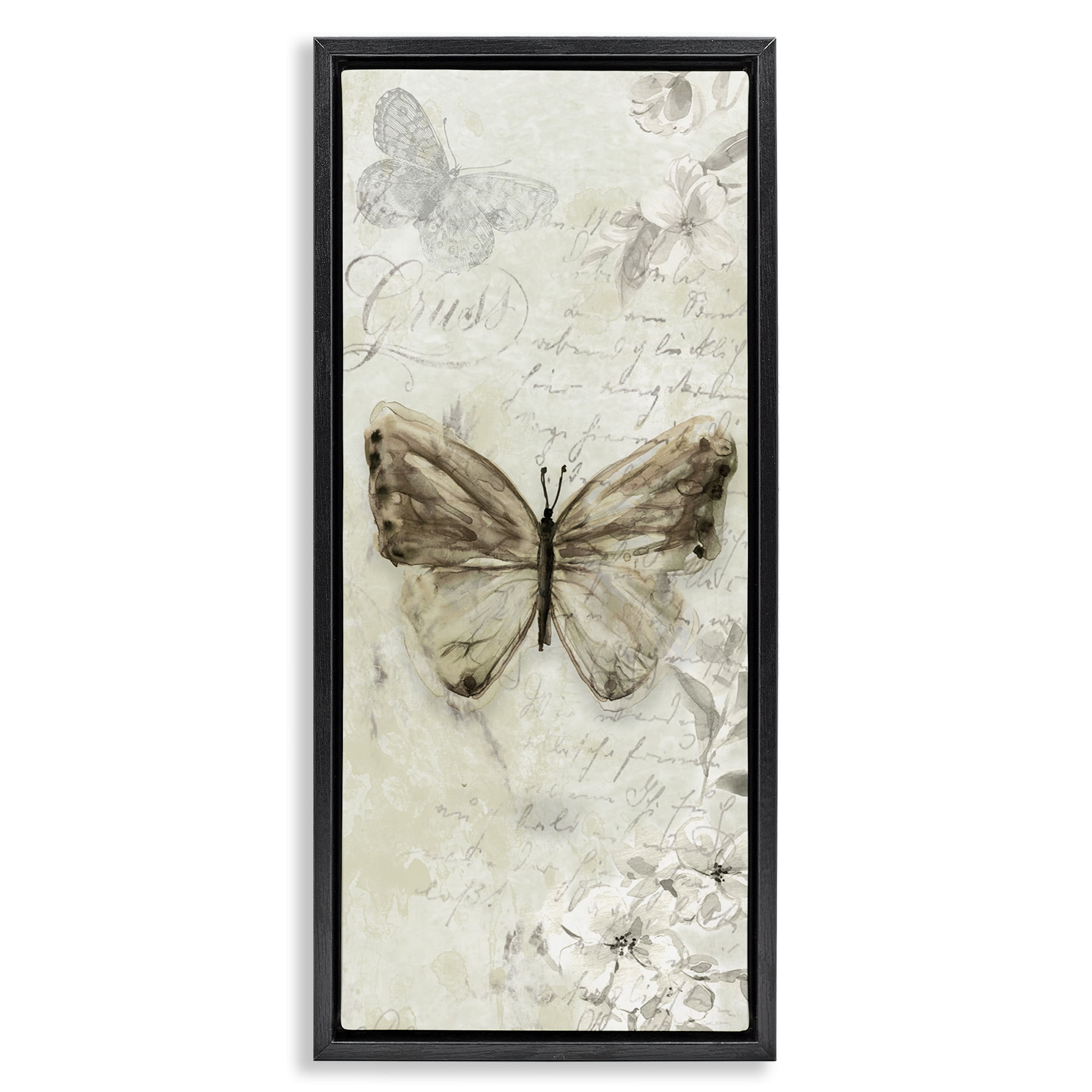 Stupell Industries Vintage Patterned Butterfly Animals & Insects Painting Black Floater Framed Canvas Art Print Wall Art, 15 x 31