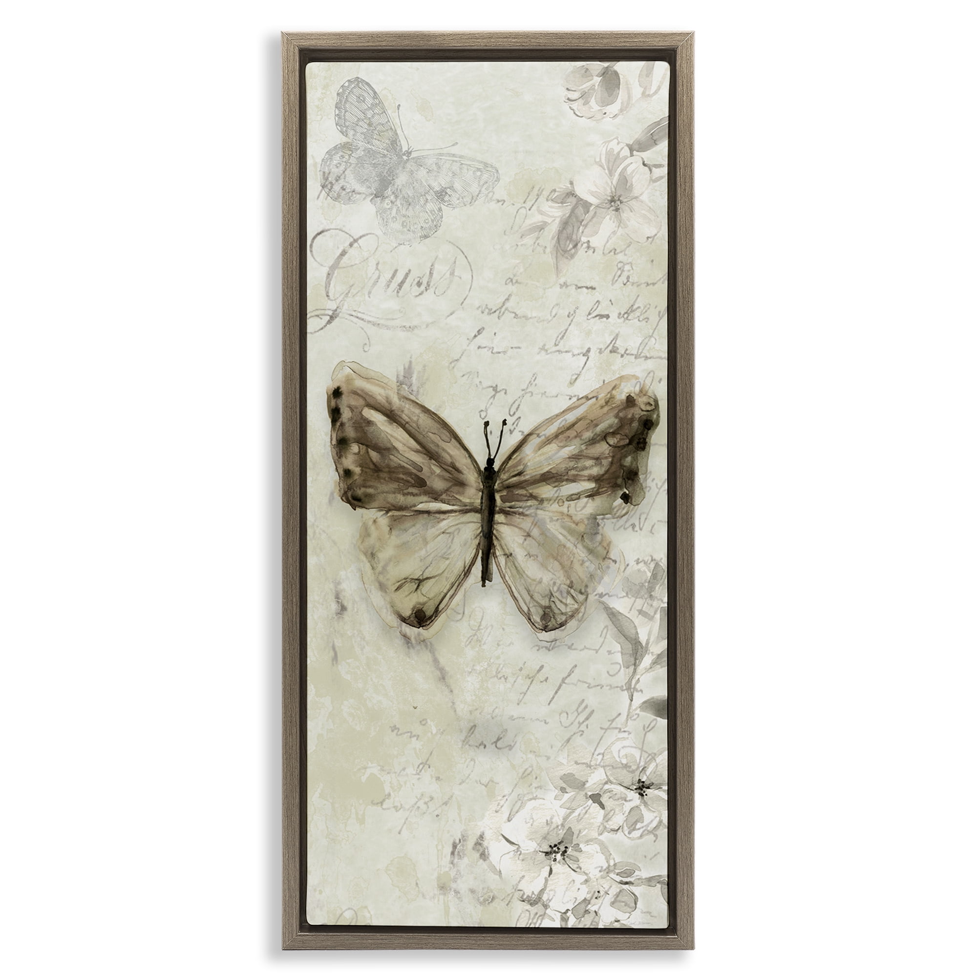 Stupell Industries Vintage Patterned Butterfly Animals & Insects Painting Brown Floater Framed Canvas Art Print Wall Art, 15 x 31