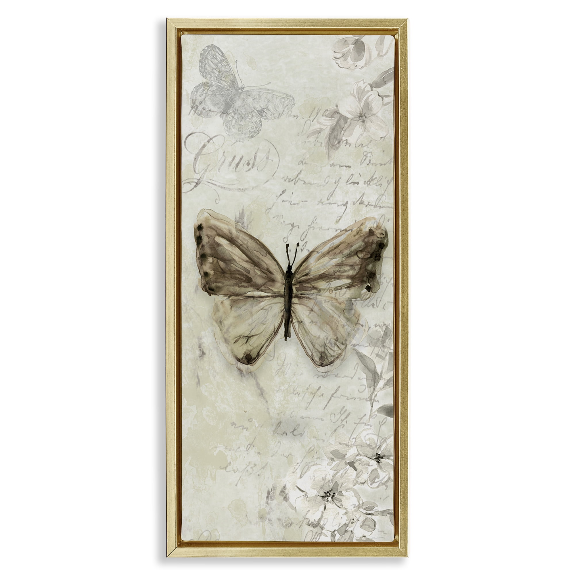 Stupell Industries Vintage Patterned Butterfly Animals & Insects Painting Gold Floater Framed Canvas Art Print Wall Art, 15 x 31