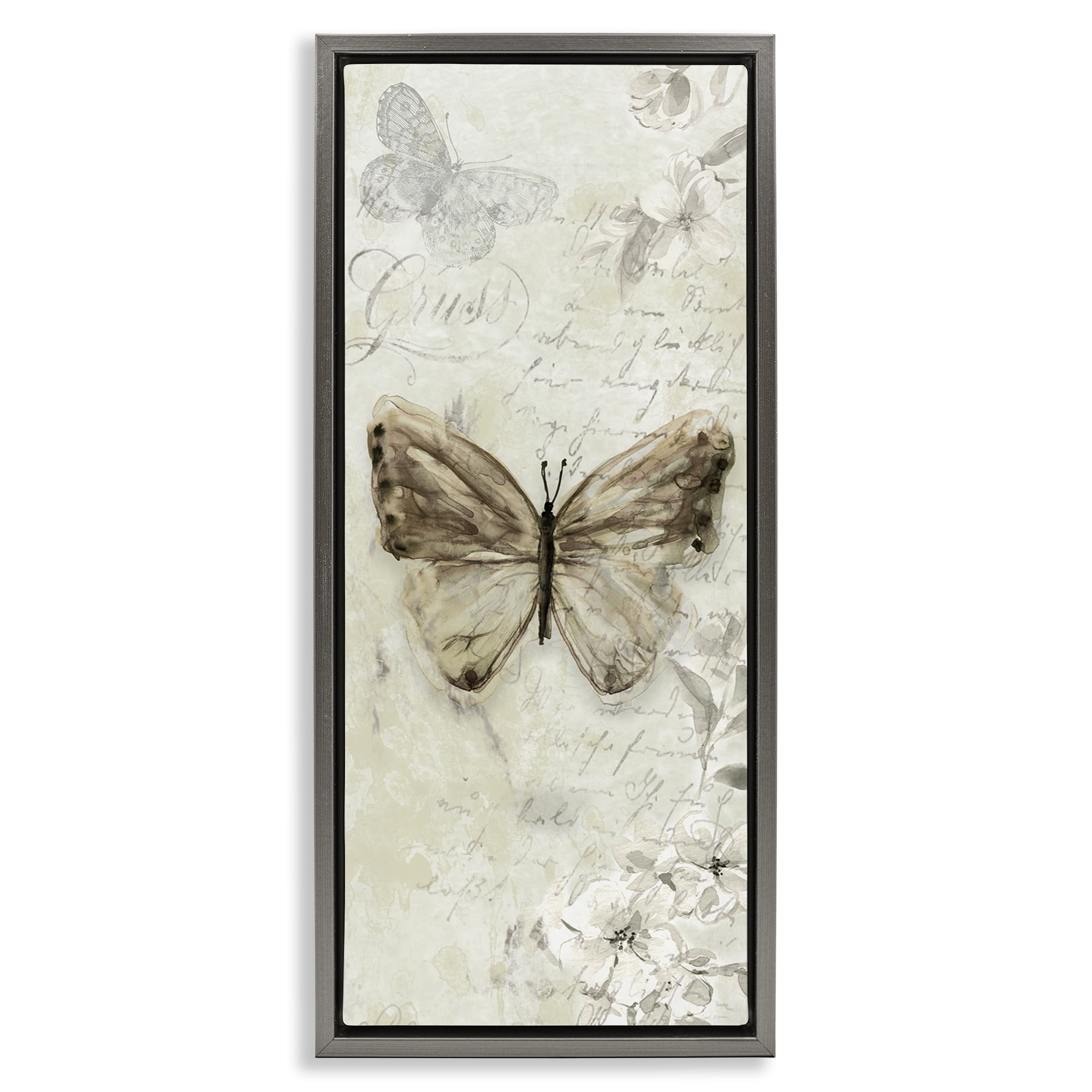 Stupell Industries Vintage Patterned Butterfly Animals & Insects Painting Gray Floater Framed Canvas Art Print Wall Art, 11 x 25
