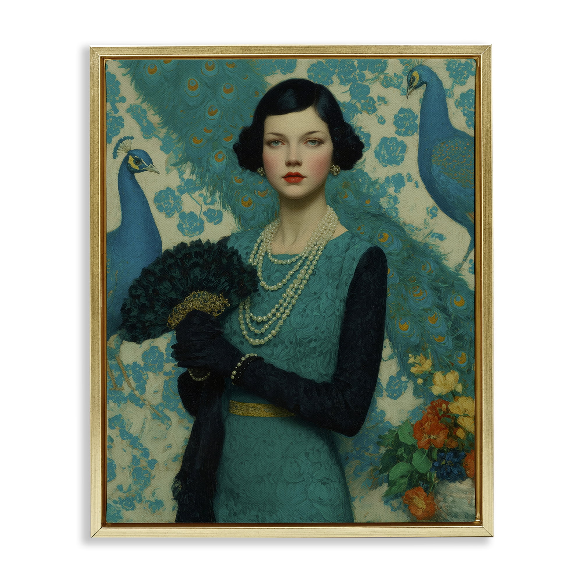 Stupell Industries Vintage Peacock Poise Gold Framed Floater Canvas Wall Art, design by A Barefoot Stylist