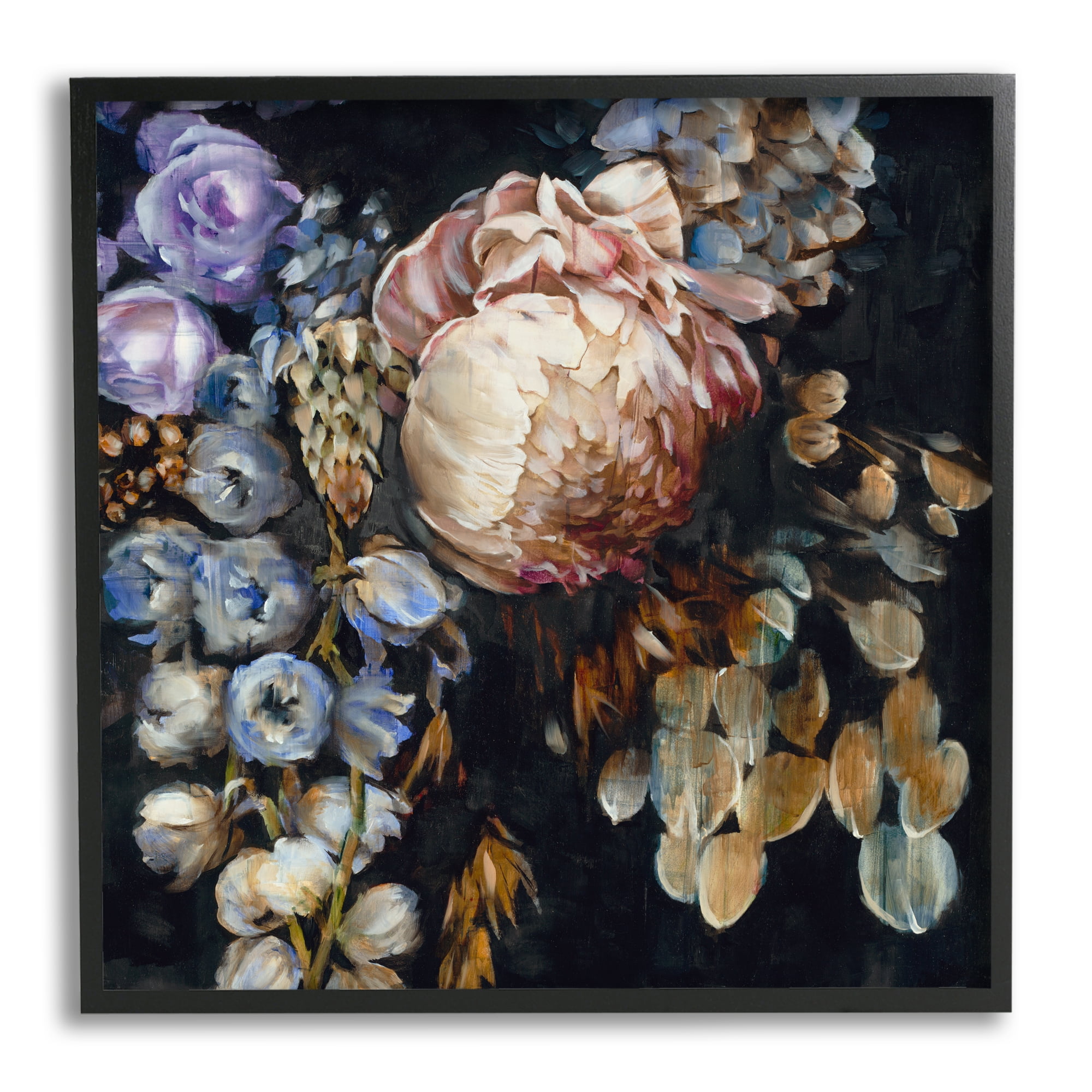 Stupell Industries Vintage Peonies on Black Botanical & Floral Painting Black Framed Art Print Wall Art, 12 x 12
