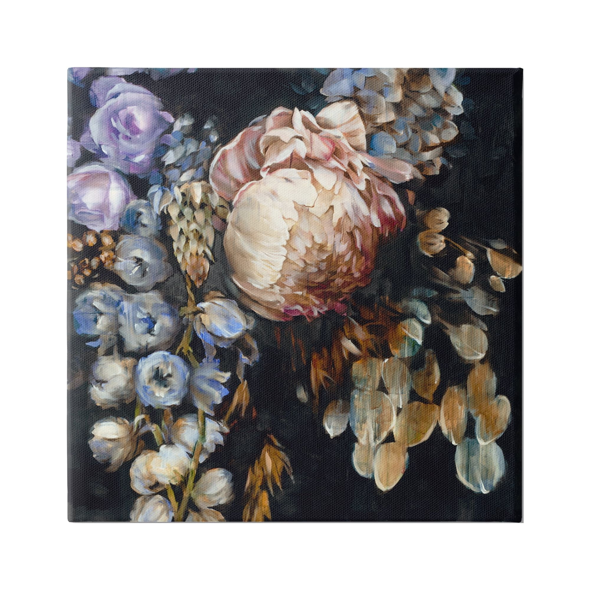 Stupell Industries Vintage Peonies on Black Botanical & Floral Painting Gallery Wrapped Canvas Print Wall Art, 17 x 17