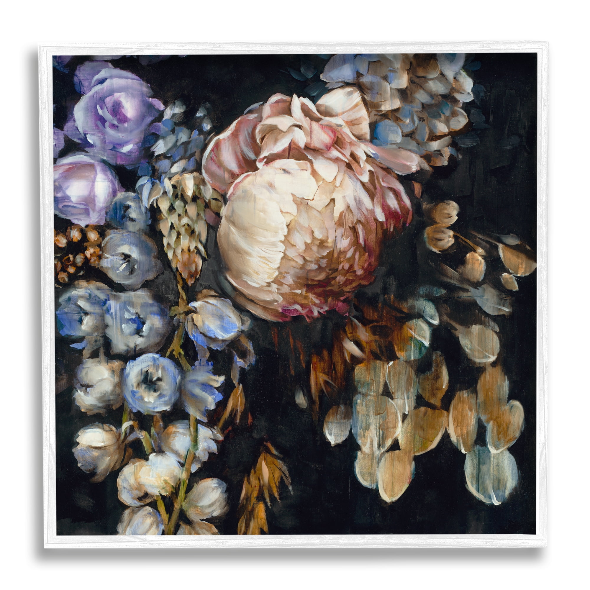 Stupell Industries Vintage Peonies on Black Botanical & Floral Painting White Framed Art Print Wall Art, 17 x 17