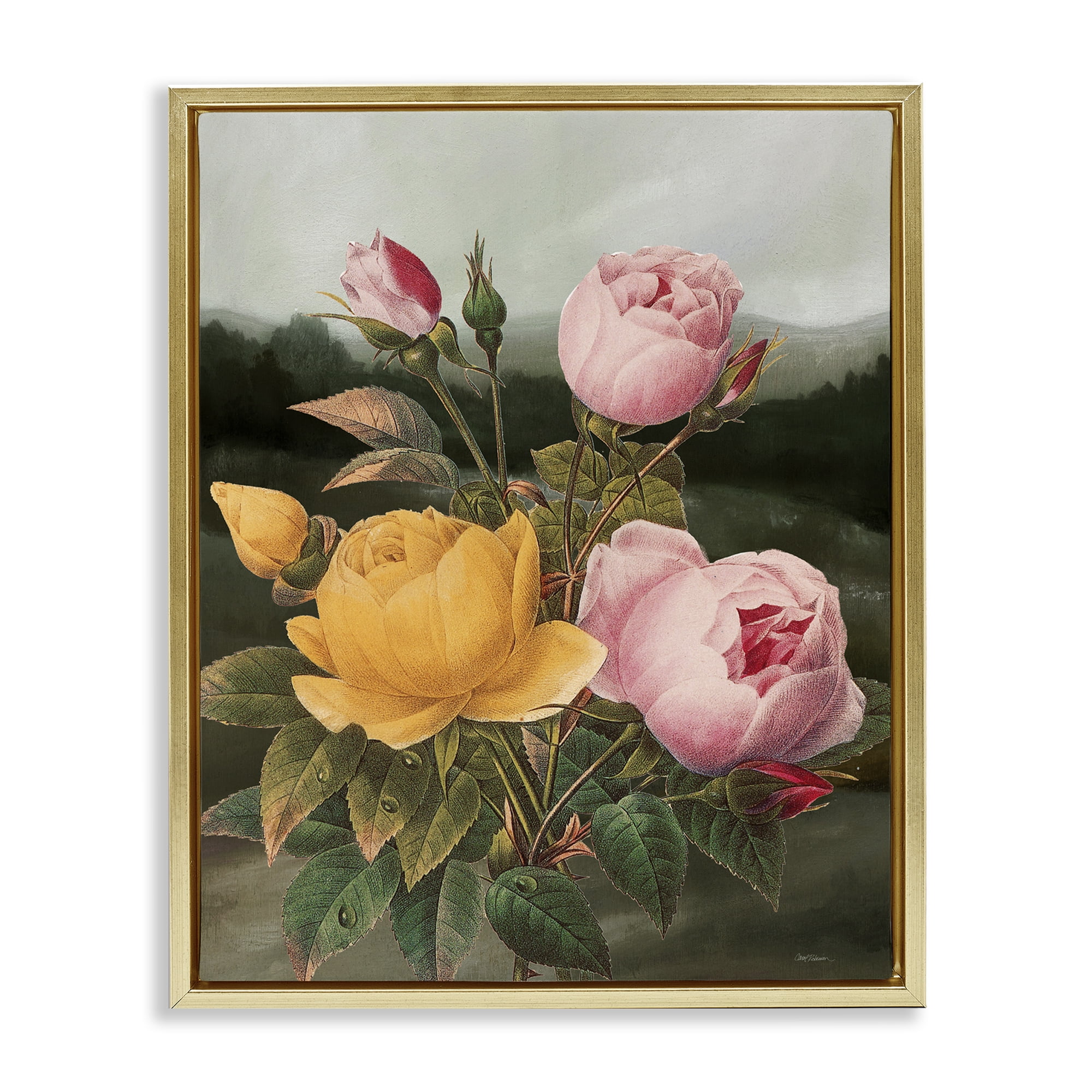 Stupell Industries Vintage Peony Blooms Botanical & Floral Painting Gold Floater Framed Art Print Wall Art, 17 x 21