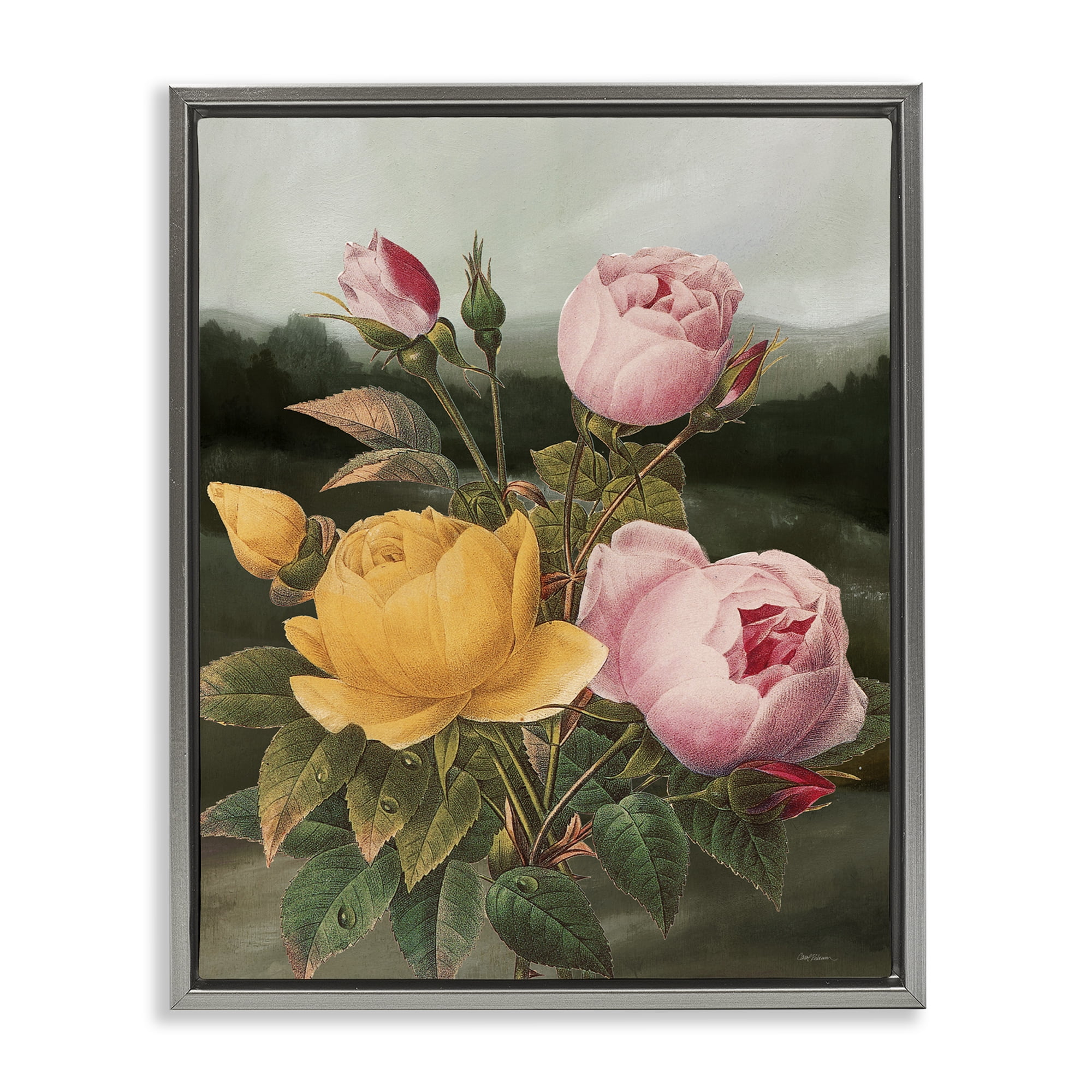 Stupell Industries Vintage Peony Blooms Botanical & Floral Painting Gray Floater Framed Art Print Wall Art, 25 x 31