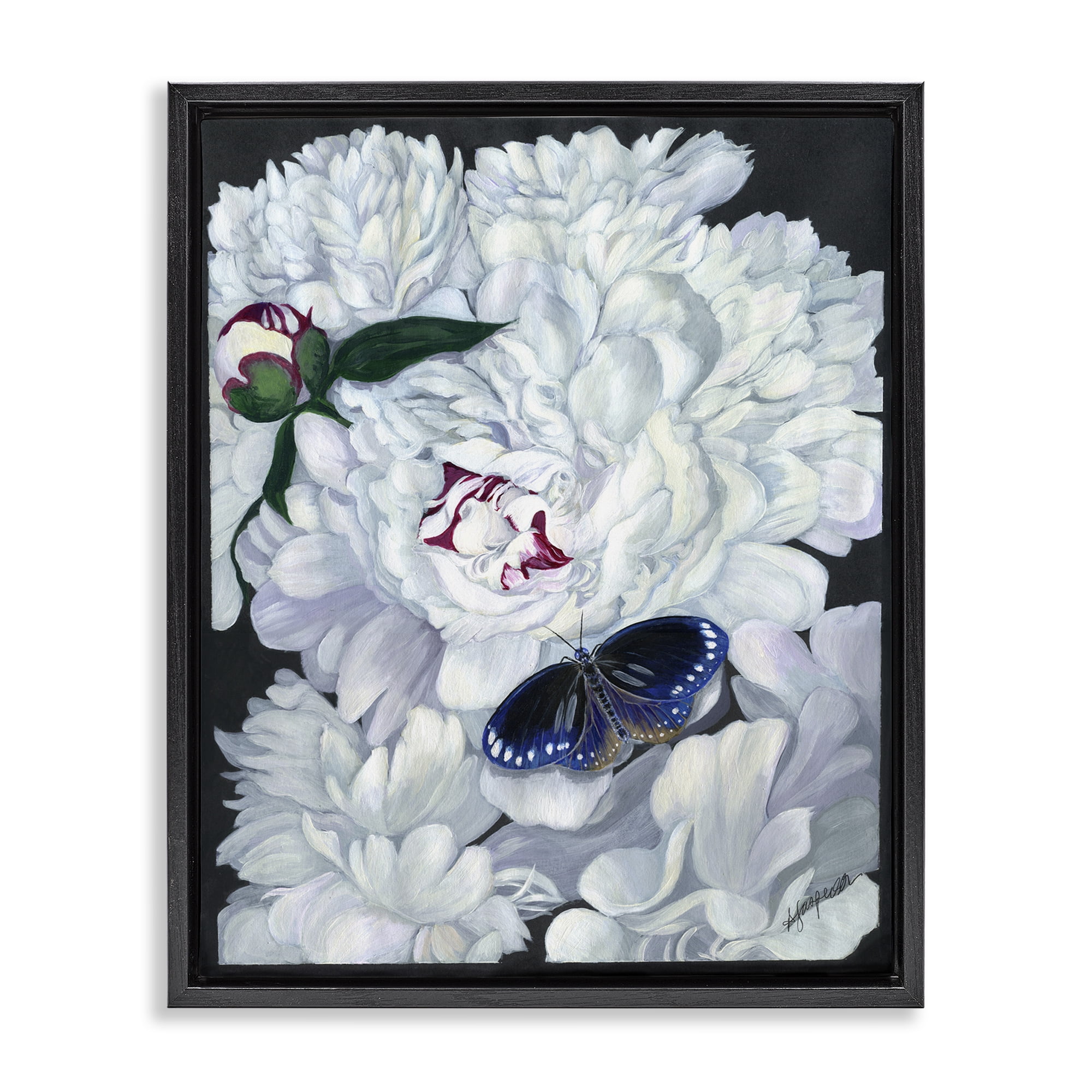 Stupell Industries Vintage Peony & Butterfly Animals & Insects Painting Black Floater Framed Art Print Wall Art, 17 x 21