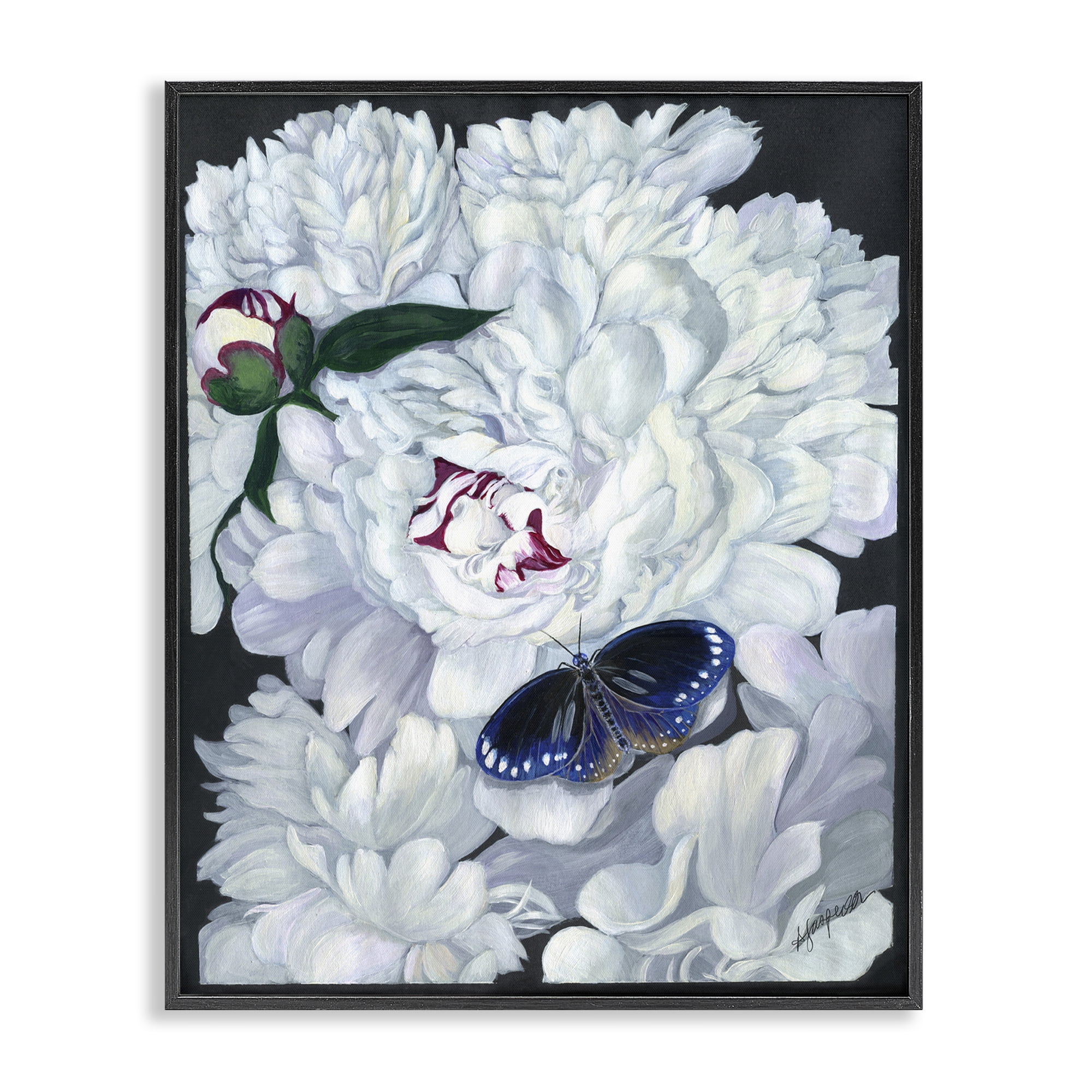 Stupell Industries Vintage Peony & Butterfly Animals & Insects Painting Black Framed Art Print Wall Art, 16 x 20