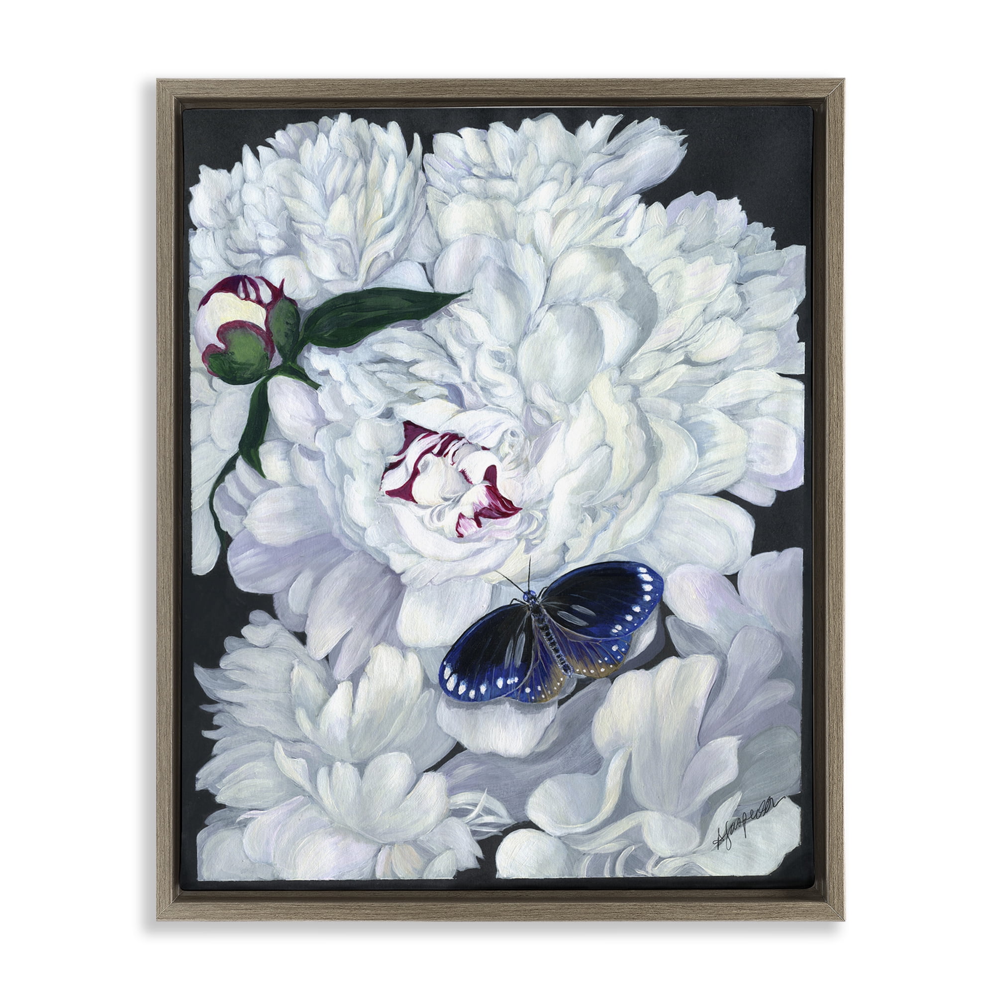 Stupell Industries Vintage Peony & Butterfly Animals & Insects Painting Brown Floater Framed Art Print Wall Art, 25 x 31