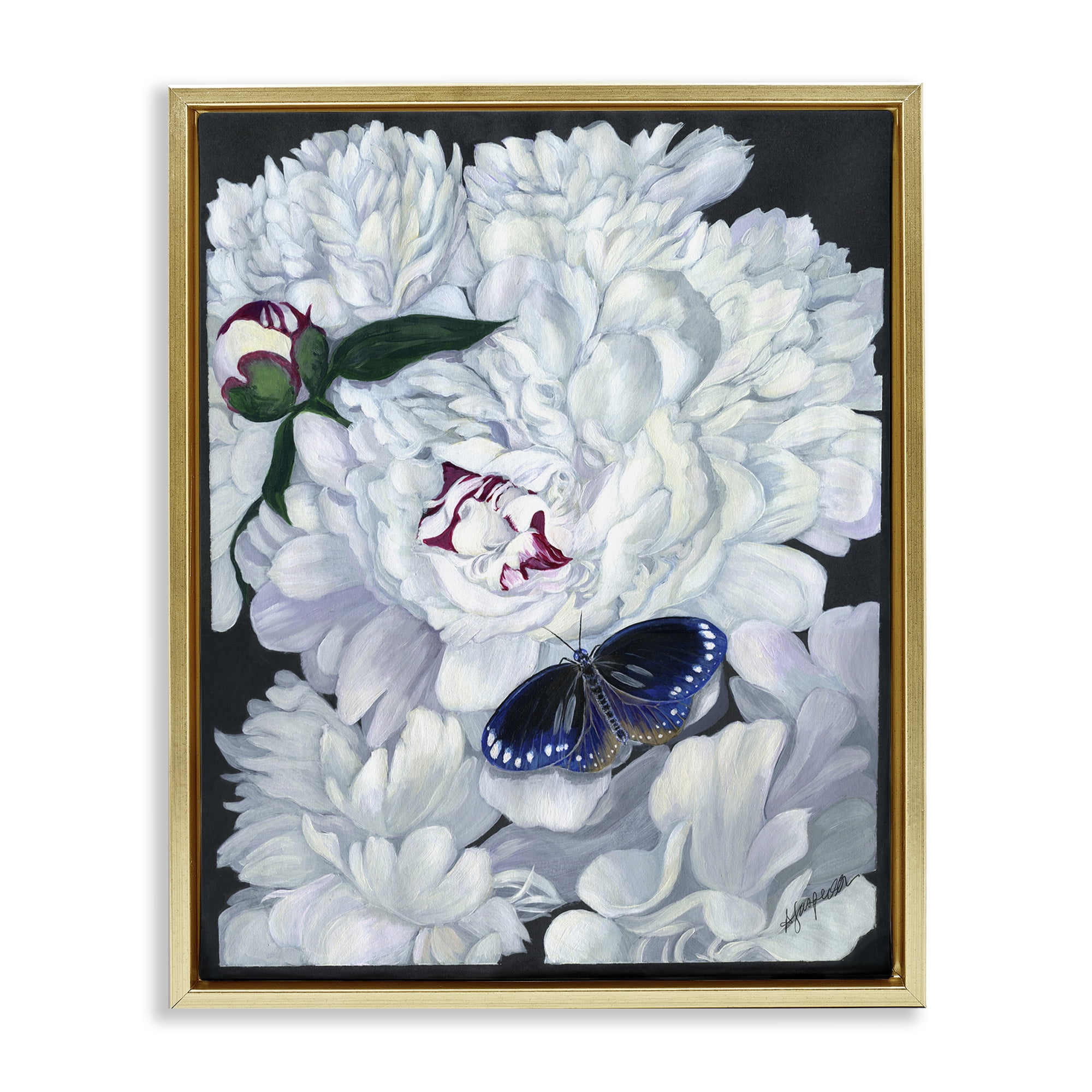 Stupell Industries Vintage Peony & Butterfly Animals & Insects Painting Gold Floater Framed Art Print Wall Art, 25 x 31