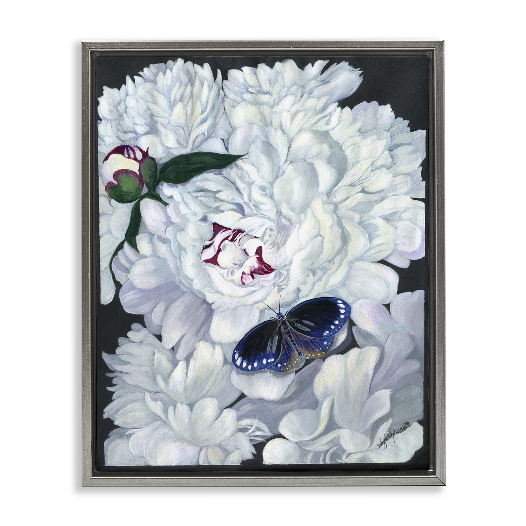 Stupell Industries Vintage Peony & Butterfly Animals & Insects Painting Gray Floater Framed Art Print Wall Art, 25 x 31