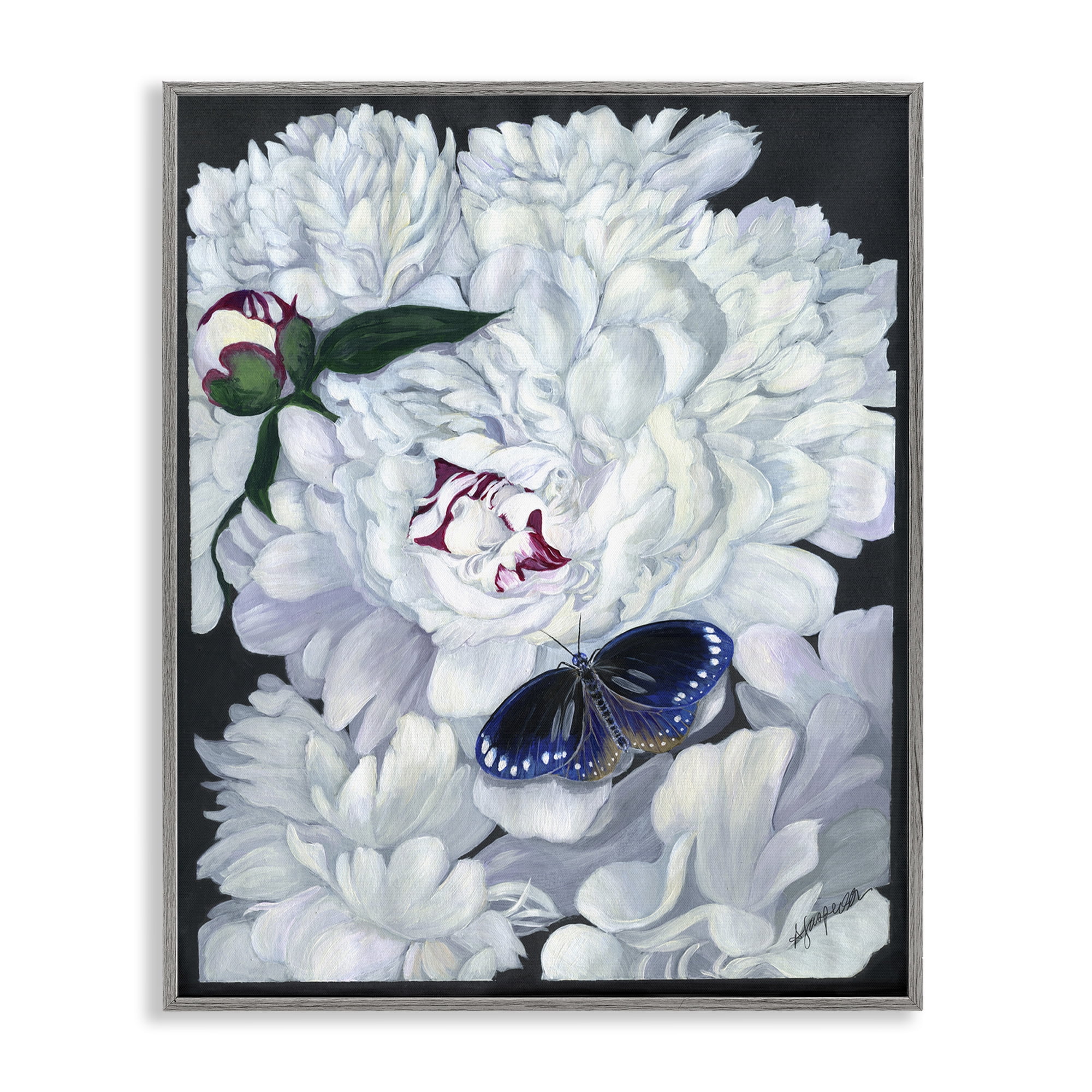 Stupell Industries Vintage Peony & Butterfly Animals & Insects Painting Gray Framed Art Print Wall Art, 24 x 30