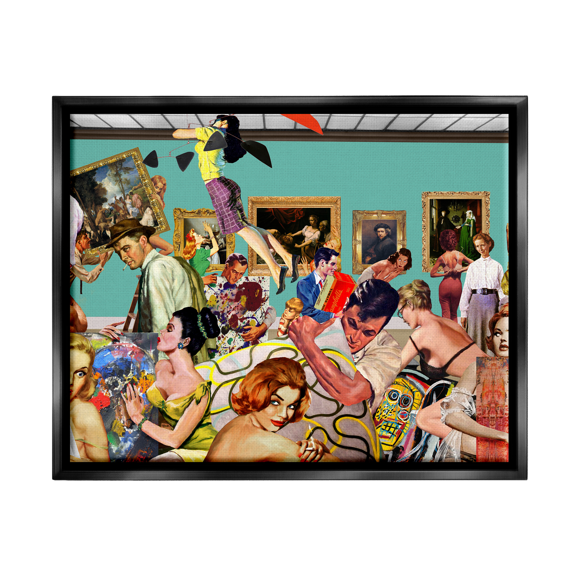 Stupell Industries Vintage People Collage Novelty Painting Black Floater Framed Canvas Art Print Wall Art, 31 x 25