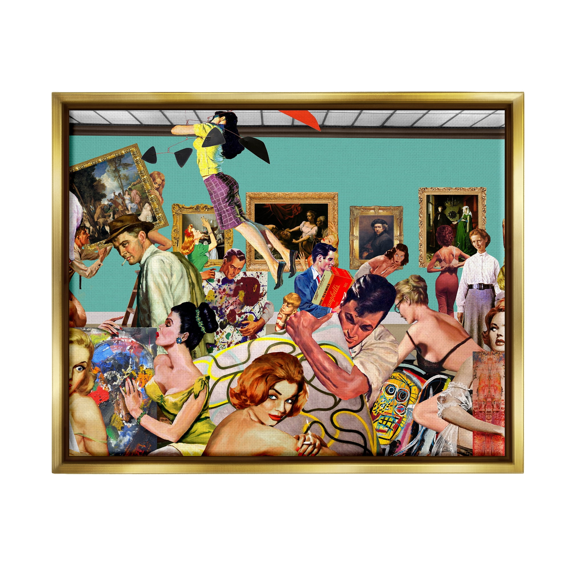 Stupell Industries Vintage People Collage Novelty Painting Gold Floater Framed Canvas Art Print Wall Art, 21 x 17