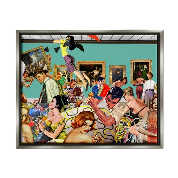 Stupell Industries Vintage People Collage Novelty Painting Gray Floater Framed Canvas Art Print Wall Art, 31 x 25