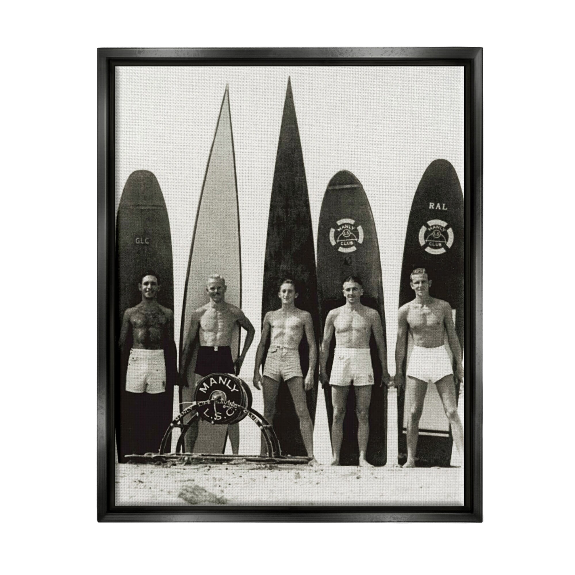 Stupell Industries Vintage Photography Men Surfer Surfboards Beach Sport Photograph Jet Black Floating Framed Canvas Print Wall Art, Design by Graffitee Studios