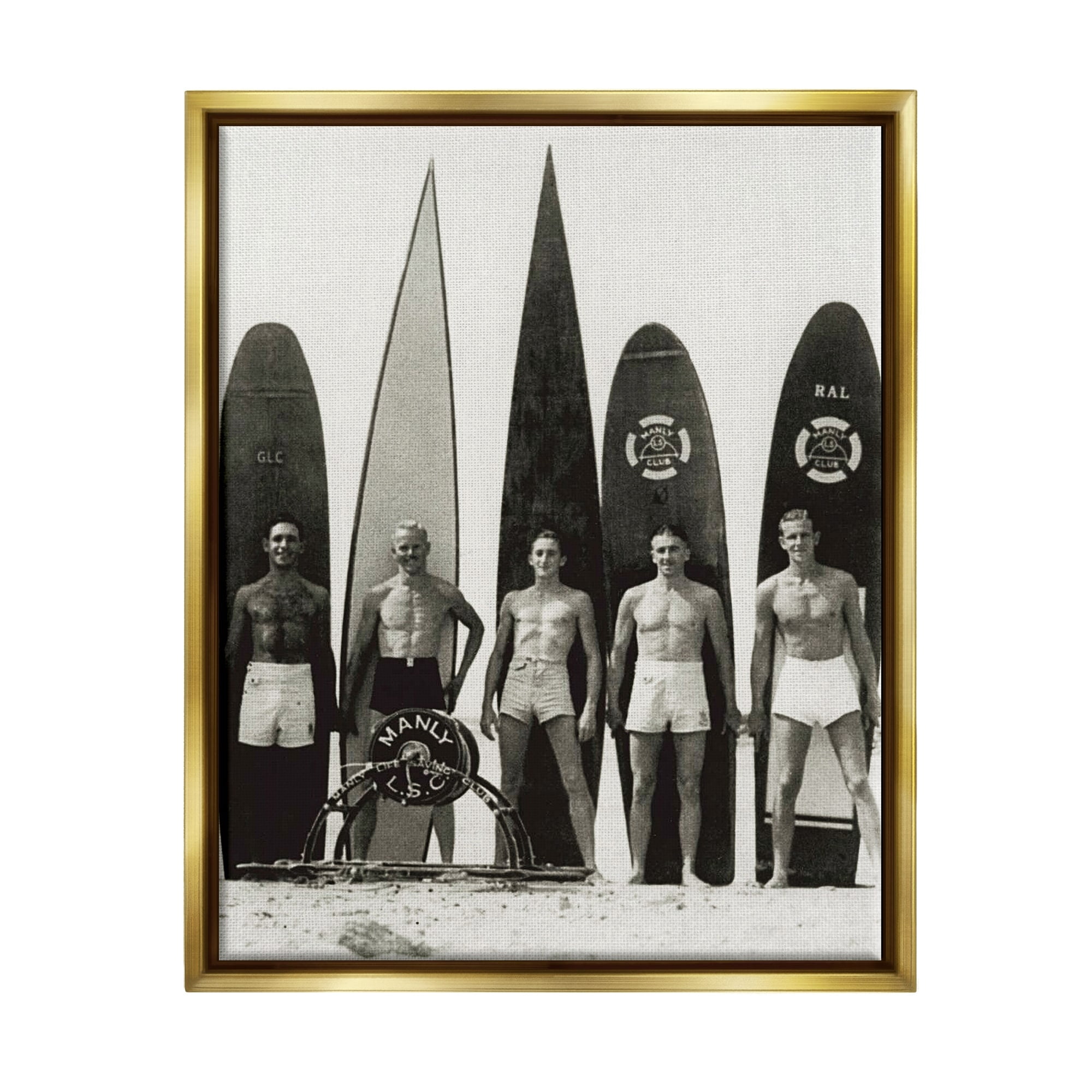 Stupell Industries Vintage Photography Men Surfer Surfboards Beach Sport Photograph Metallic Gold Floating Framed Canvas Print Wall Art, Design by Graffitee Studios