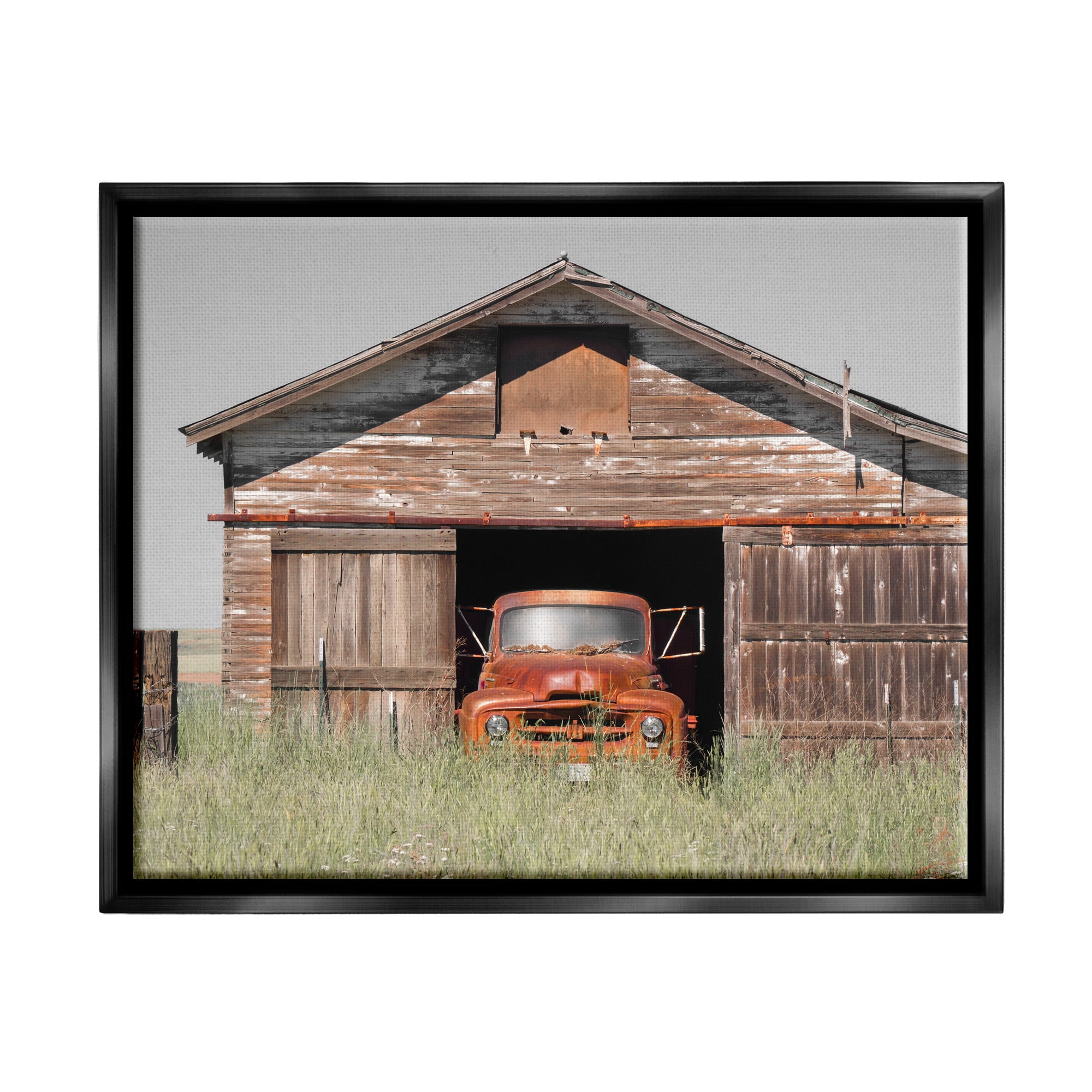 Stupell Industries Vintage Pickup Truck Weathered Country Barn Farmland Painting Jet Black Floating Framed Canvas Print Wall Art, Design by Danita Delimont