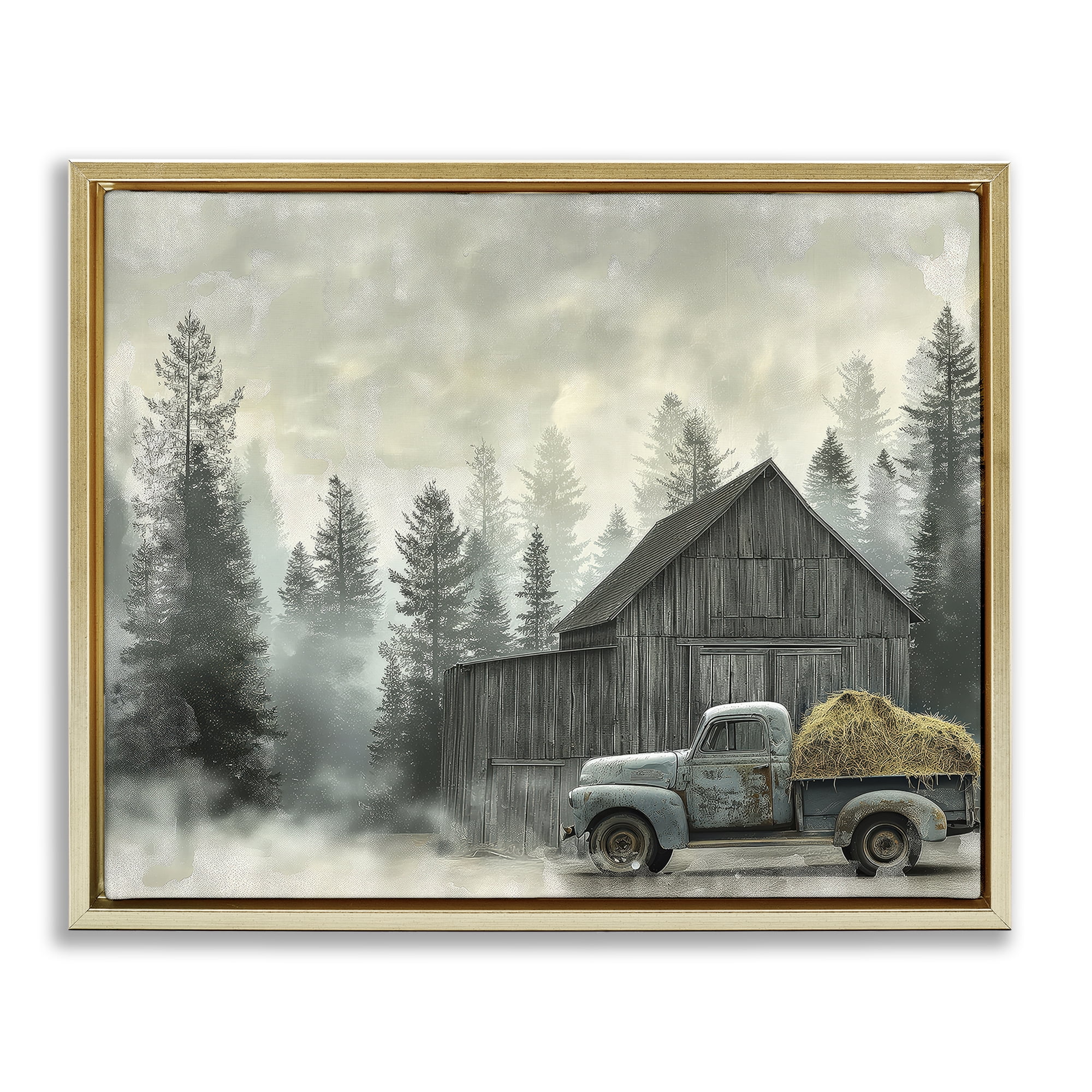 Stupell Industries Vintage Pickup at Misty Barn Gold Framed Floater Canvas Wall Art, design by Imagine It Images