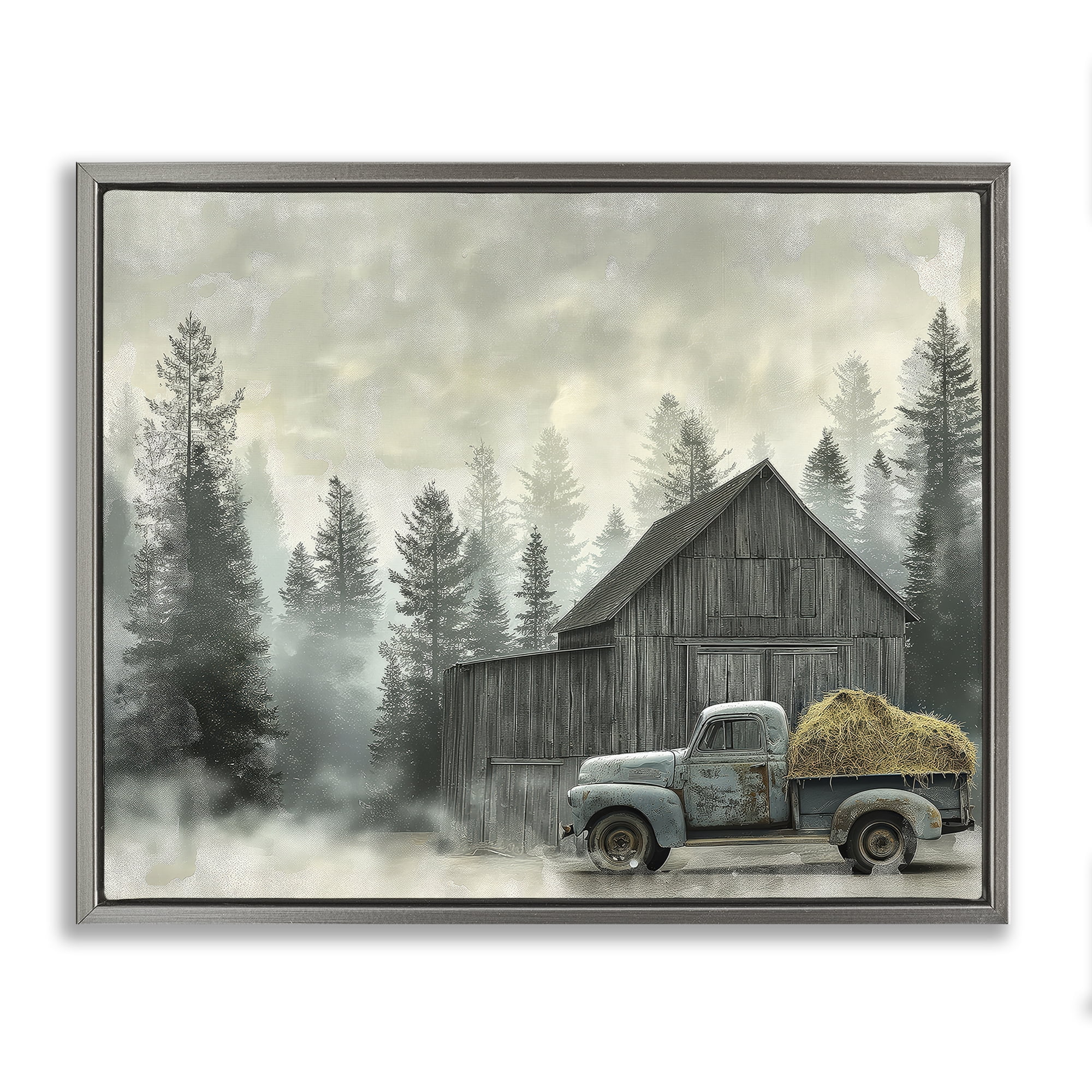 Stupell Industries Vintage Pickup at Misty Barn Gray Framed Floater Canvas Wall Art, design by Imagine It Images