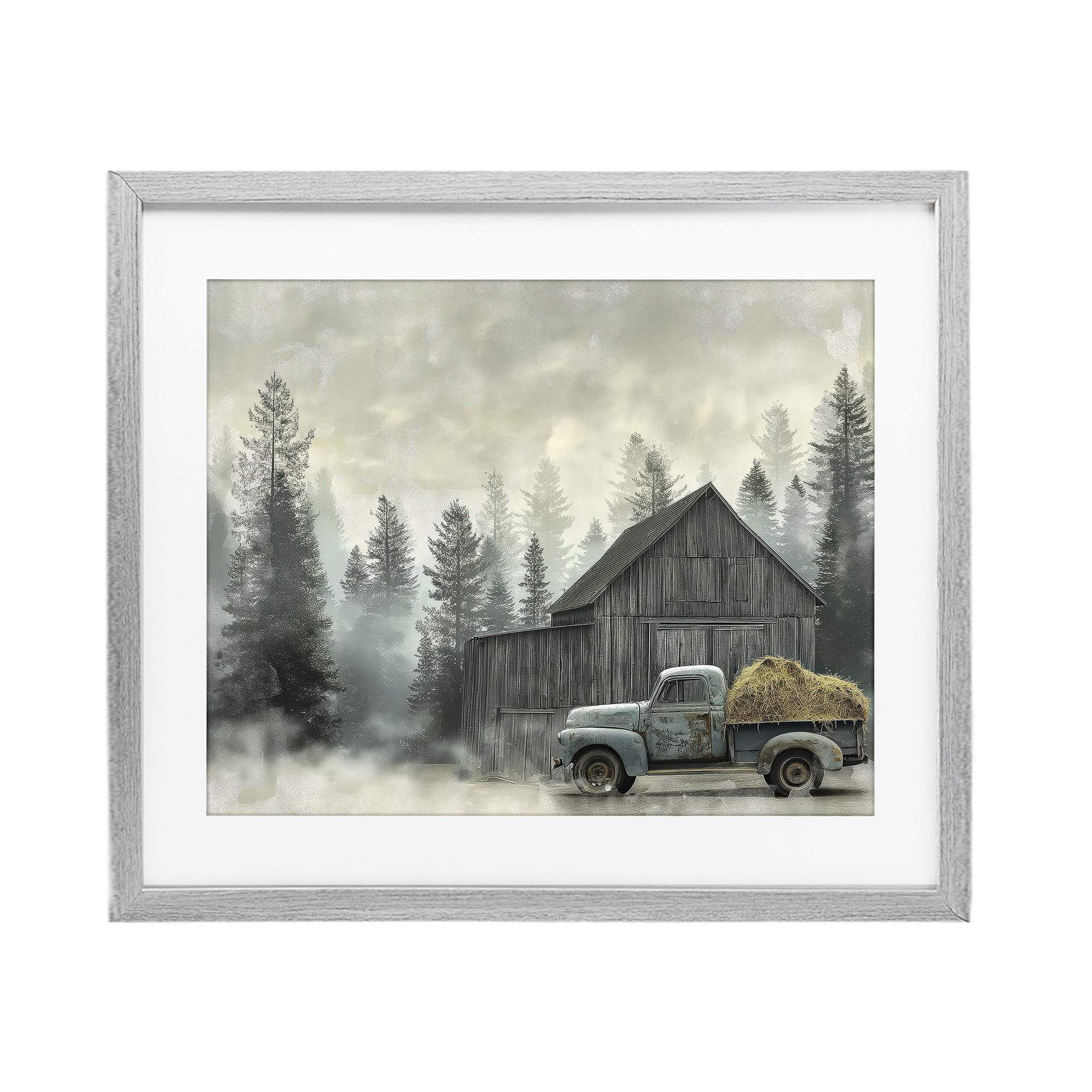 Stupell Industries Vintage Pickup at Misty Barn Gray Framed Print Under Glass, design by Imagine It Images