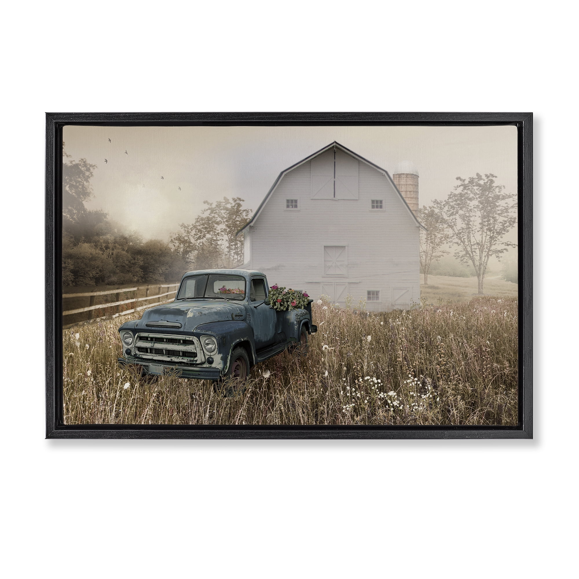 Stupell Industries Vintage Pickup in Wildflowers Black Framed Floater Canvas Wall Art, design by Nan